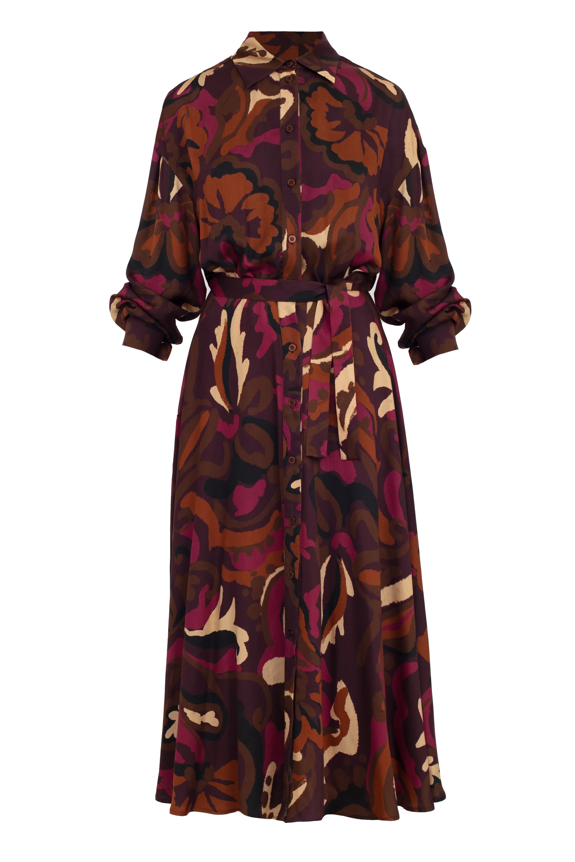MEGARA Brown Pink Print Oversized Midi Shirt Dress With Kimono Sleeves - Image 6