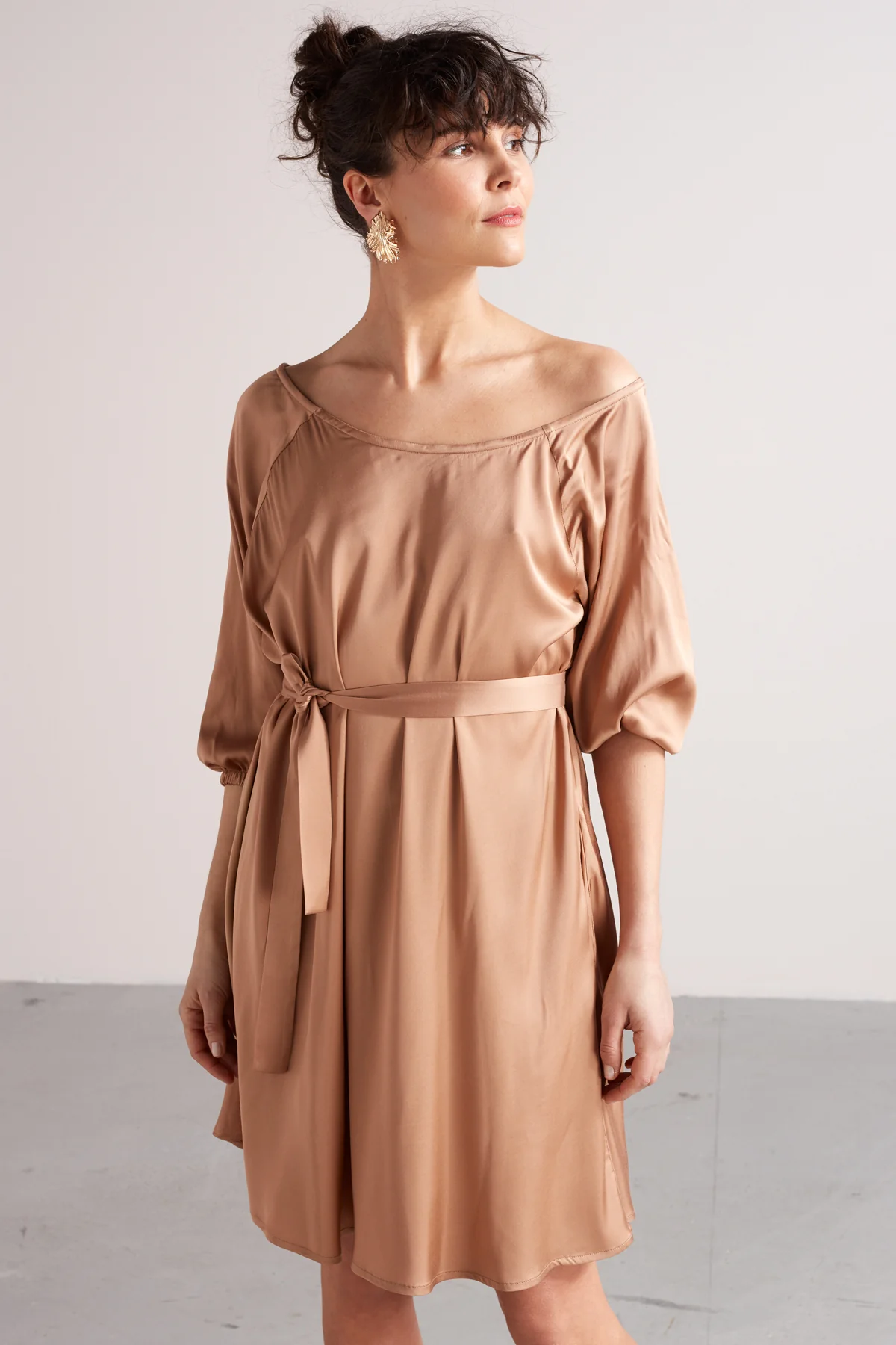MILA mini flared of-the-shoulder dress in nude