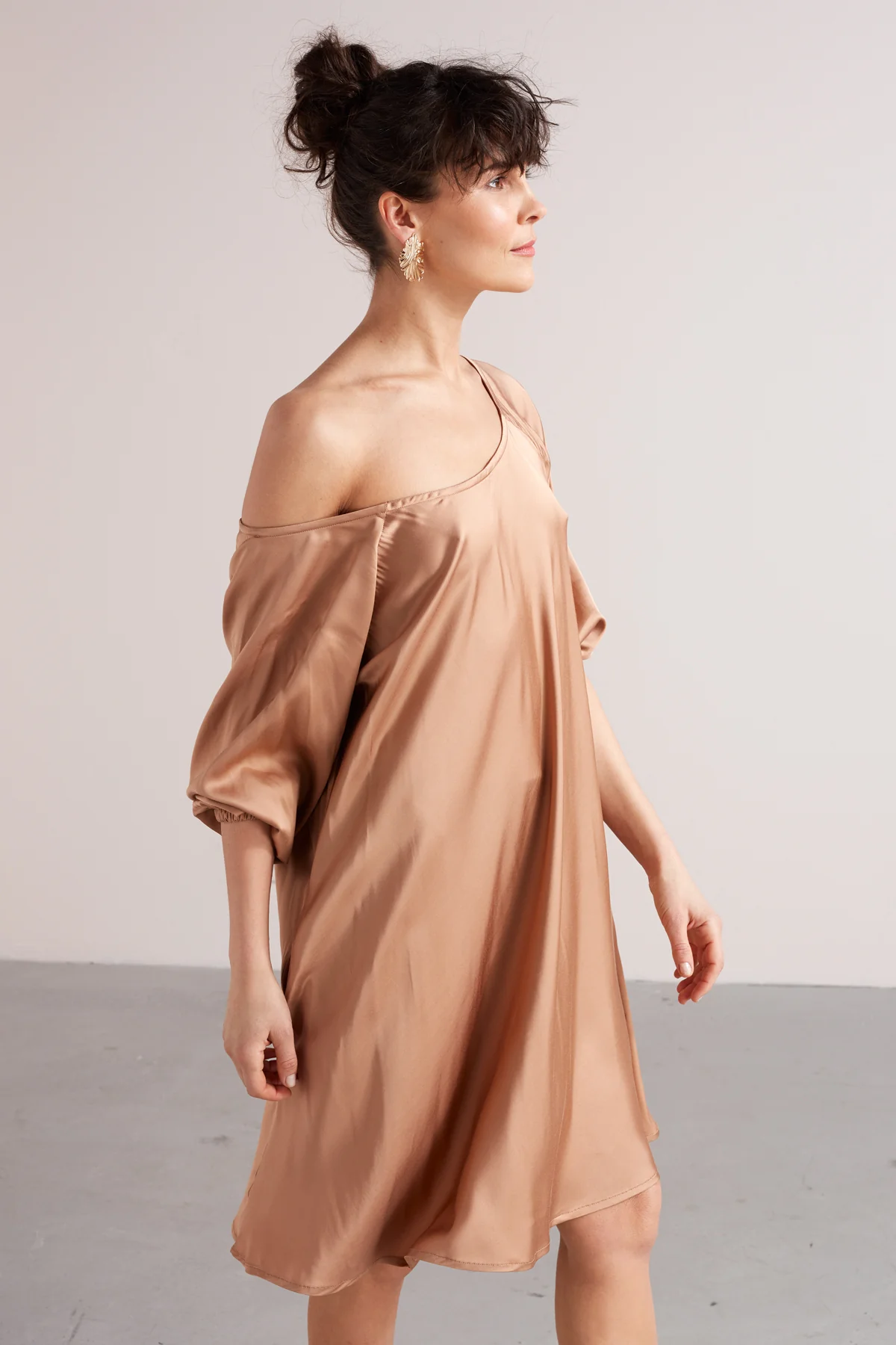 MILA mini flared of-the-shoulder dress in nude - Image 2
