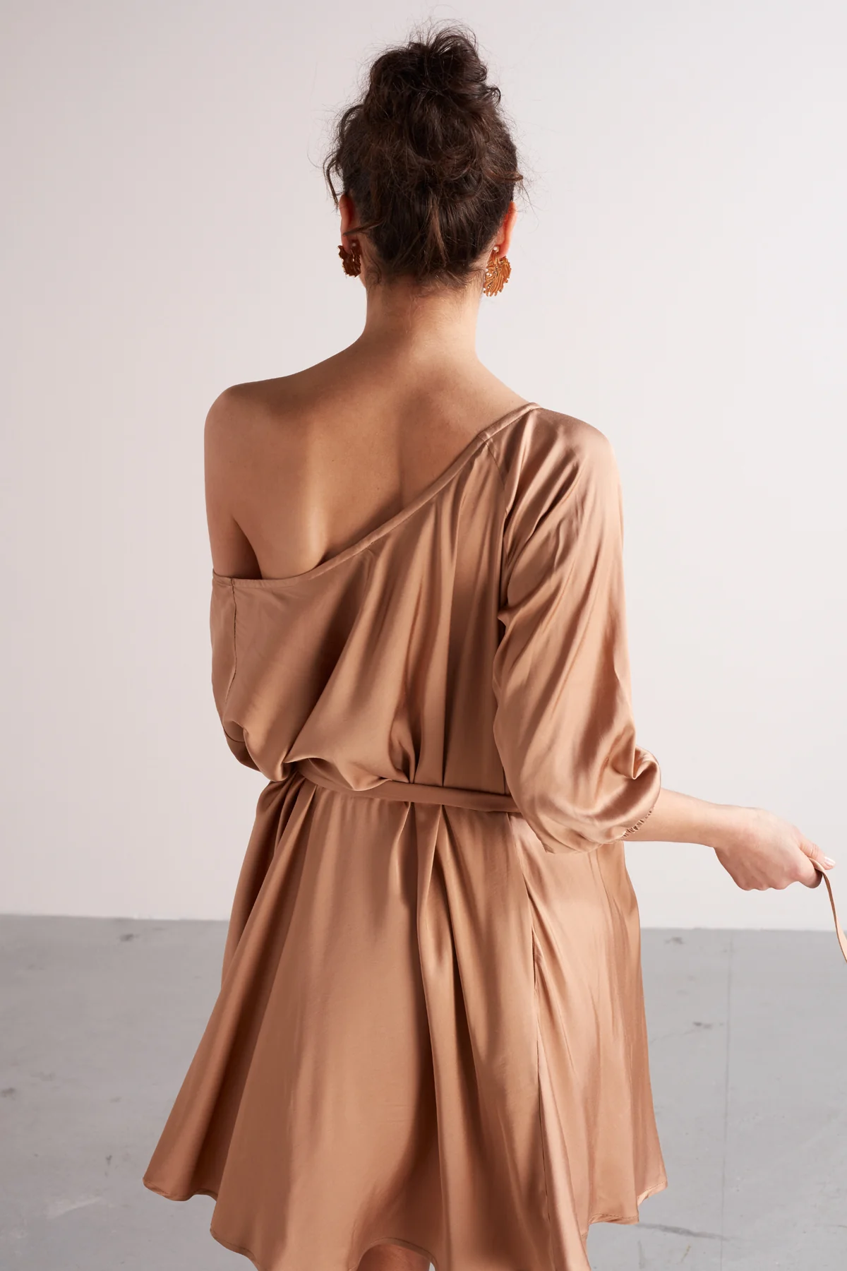 MILA mini flared of-the-shoulder dress in nude - Image 3