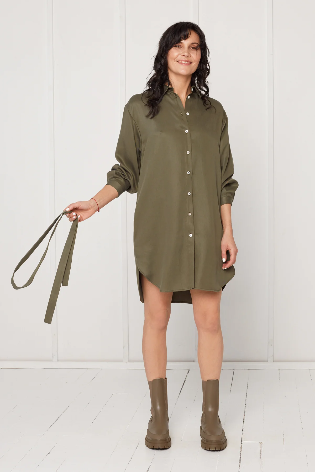 MIRA mini tencel shirt dress in military green - Image 2