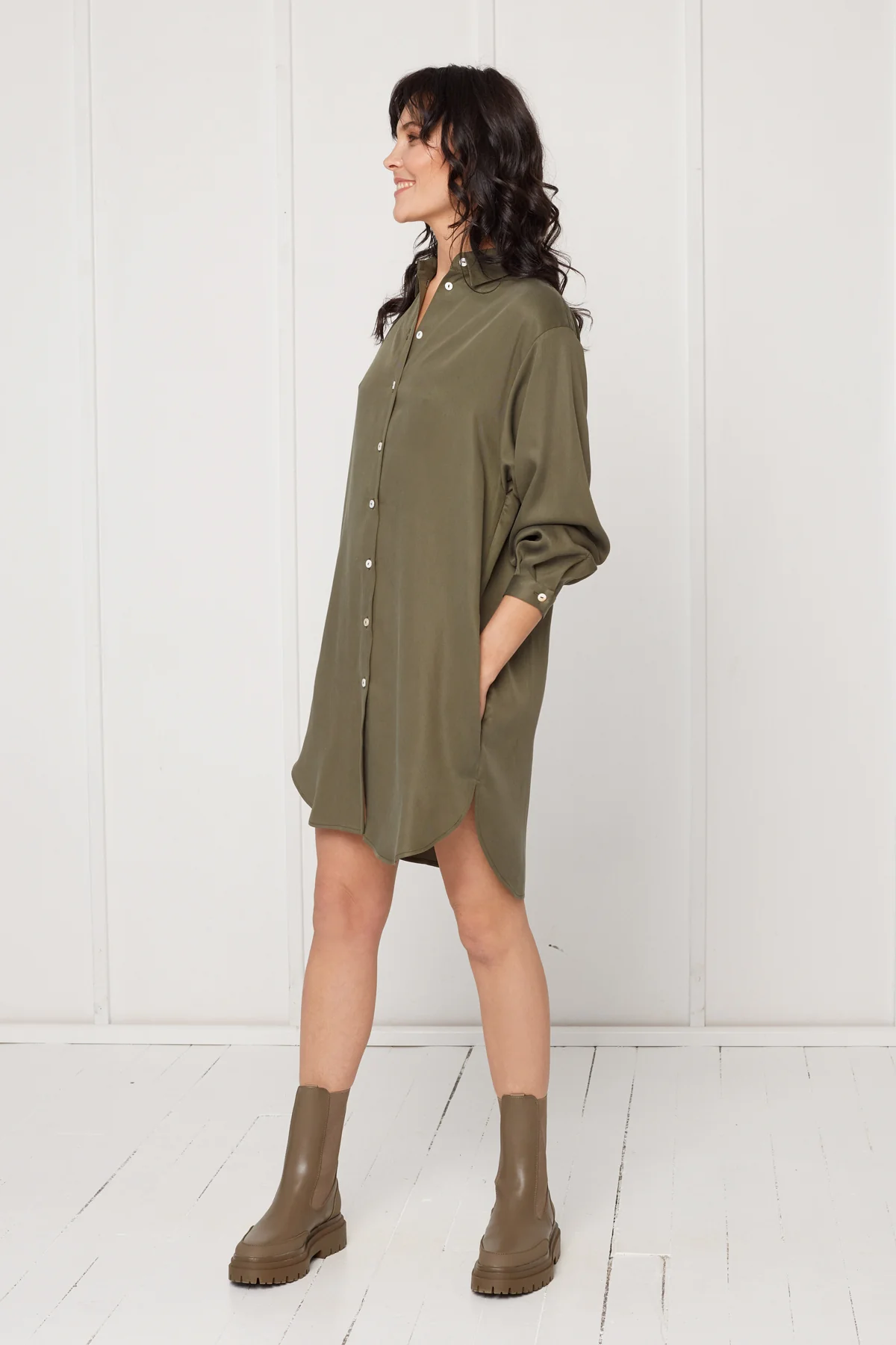 MIRA mini tencel shirt dress in military green - Image 3