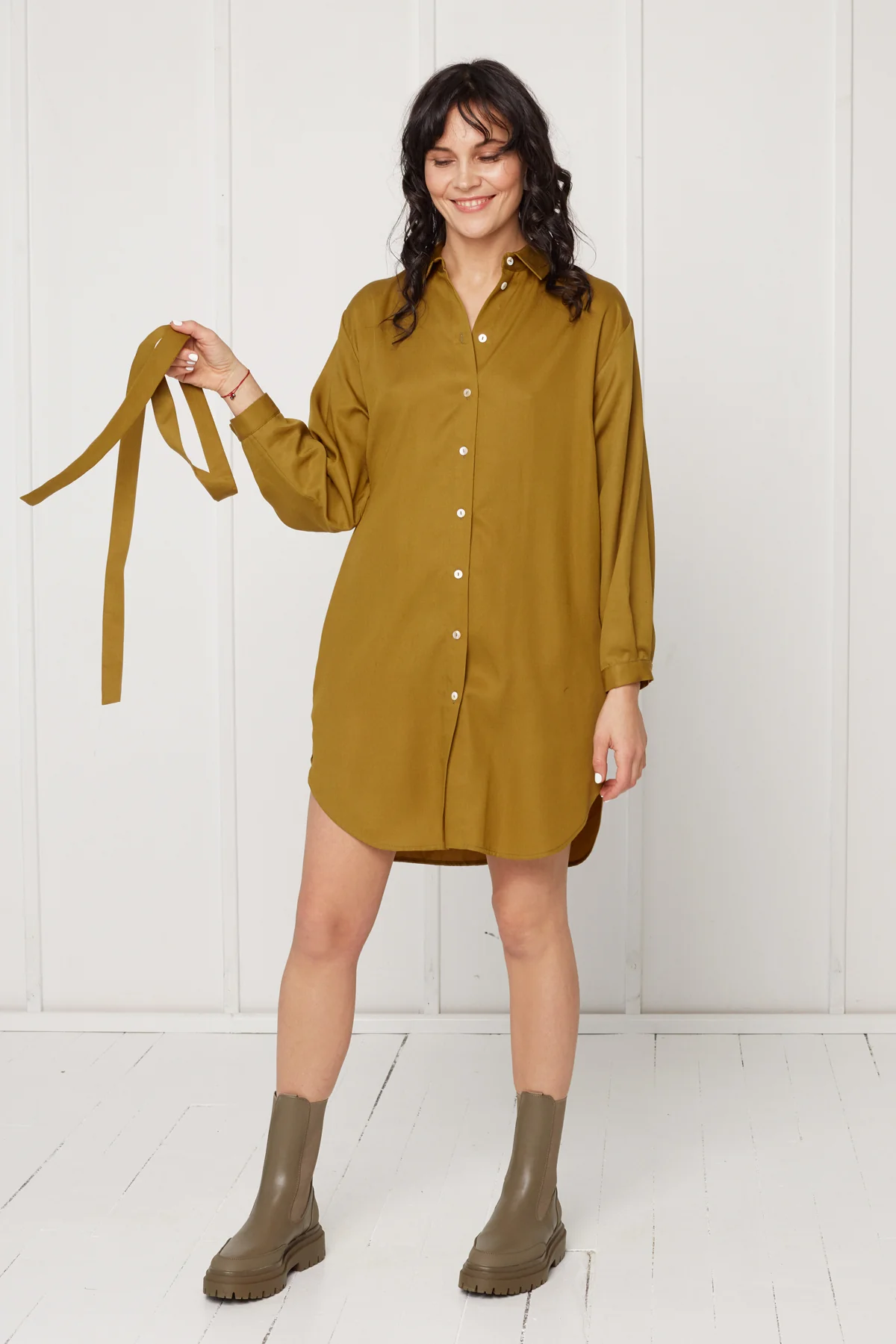 MIRA mini tencel shirt dress in olive green - Image 3
