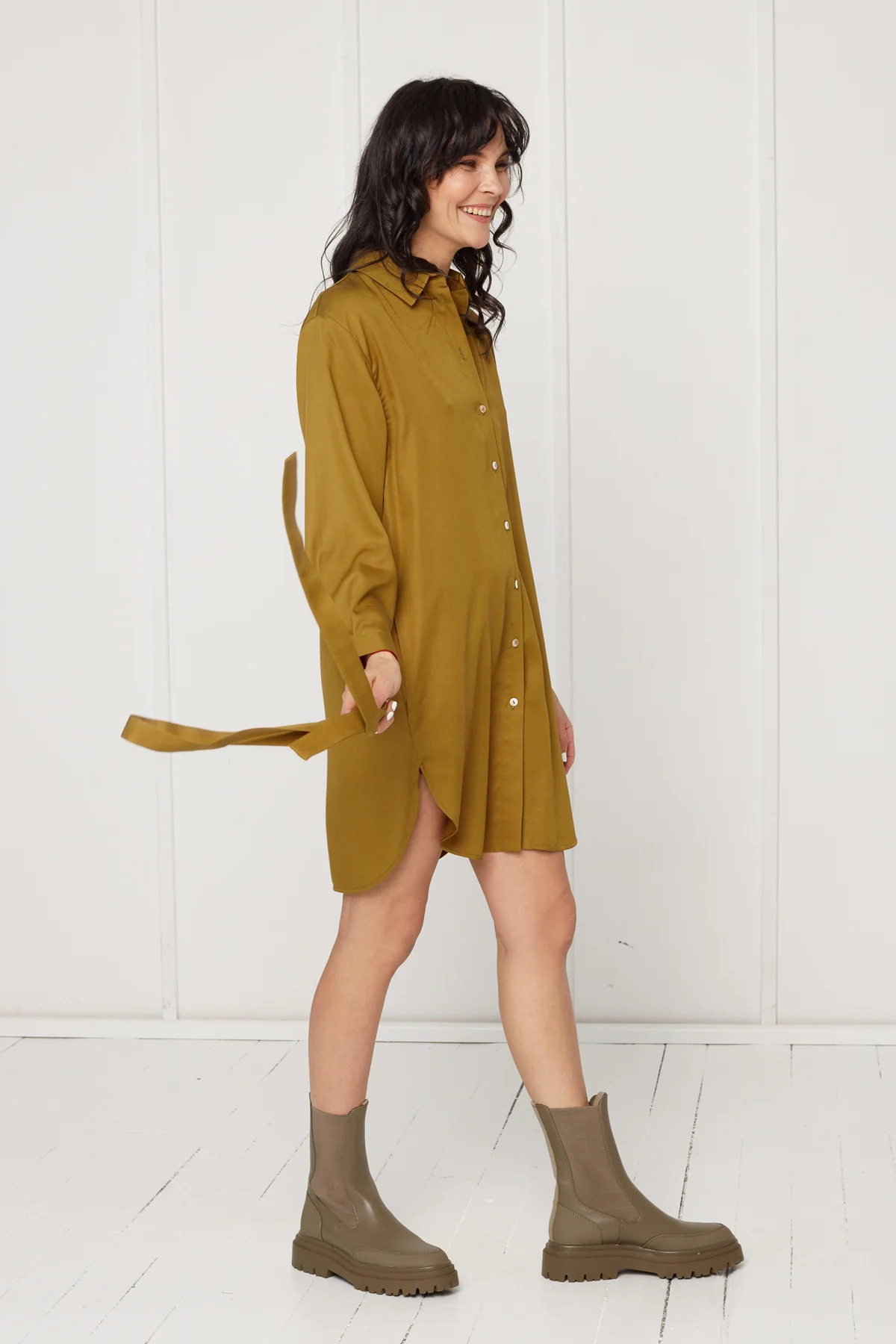 MIRA mini tencel shirt dress in olive green - Image 4