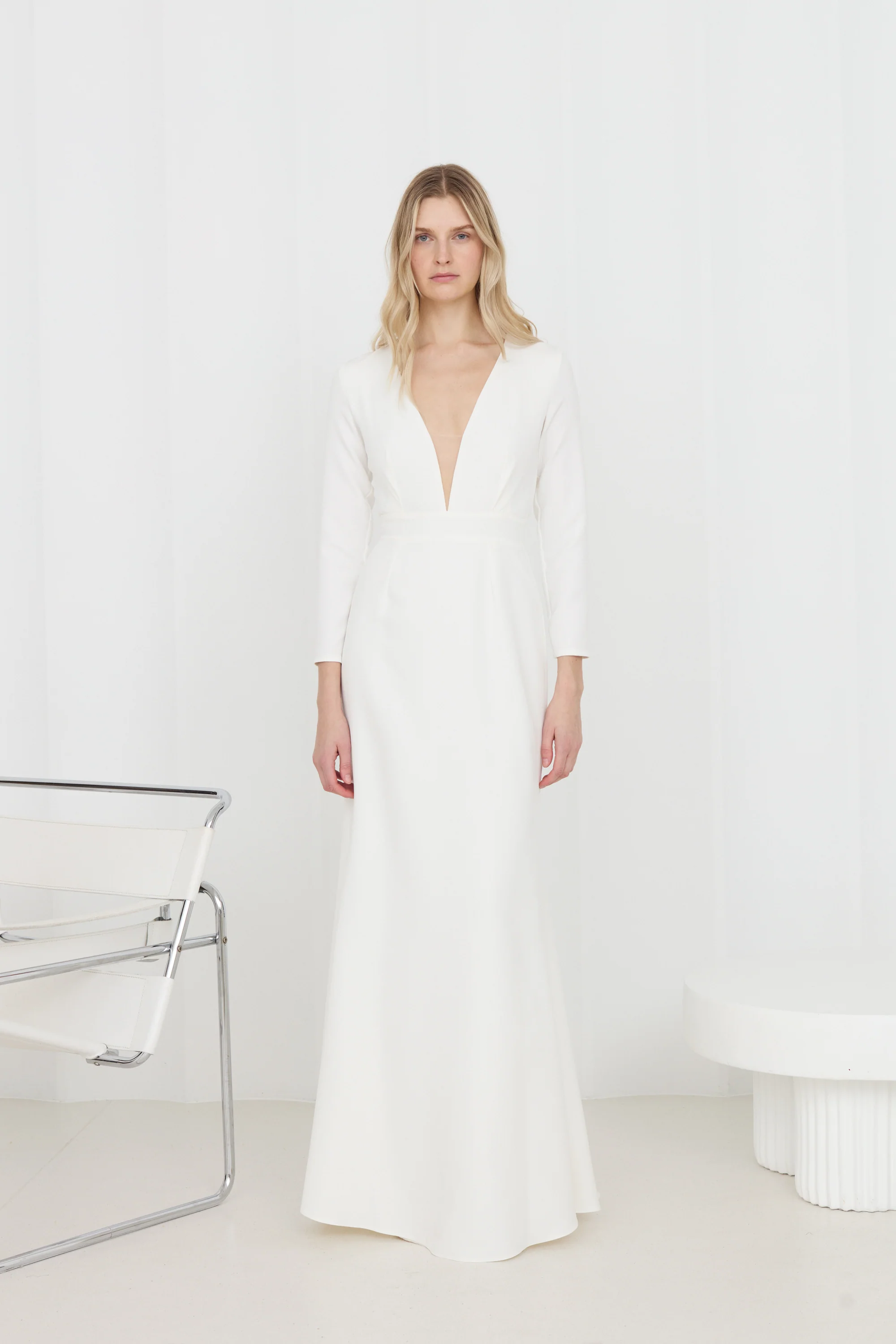 MIRANDA White Maxi Wedding Gown with Long Sleeves and a Deep Neckline