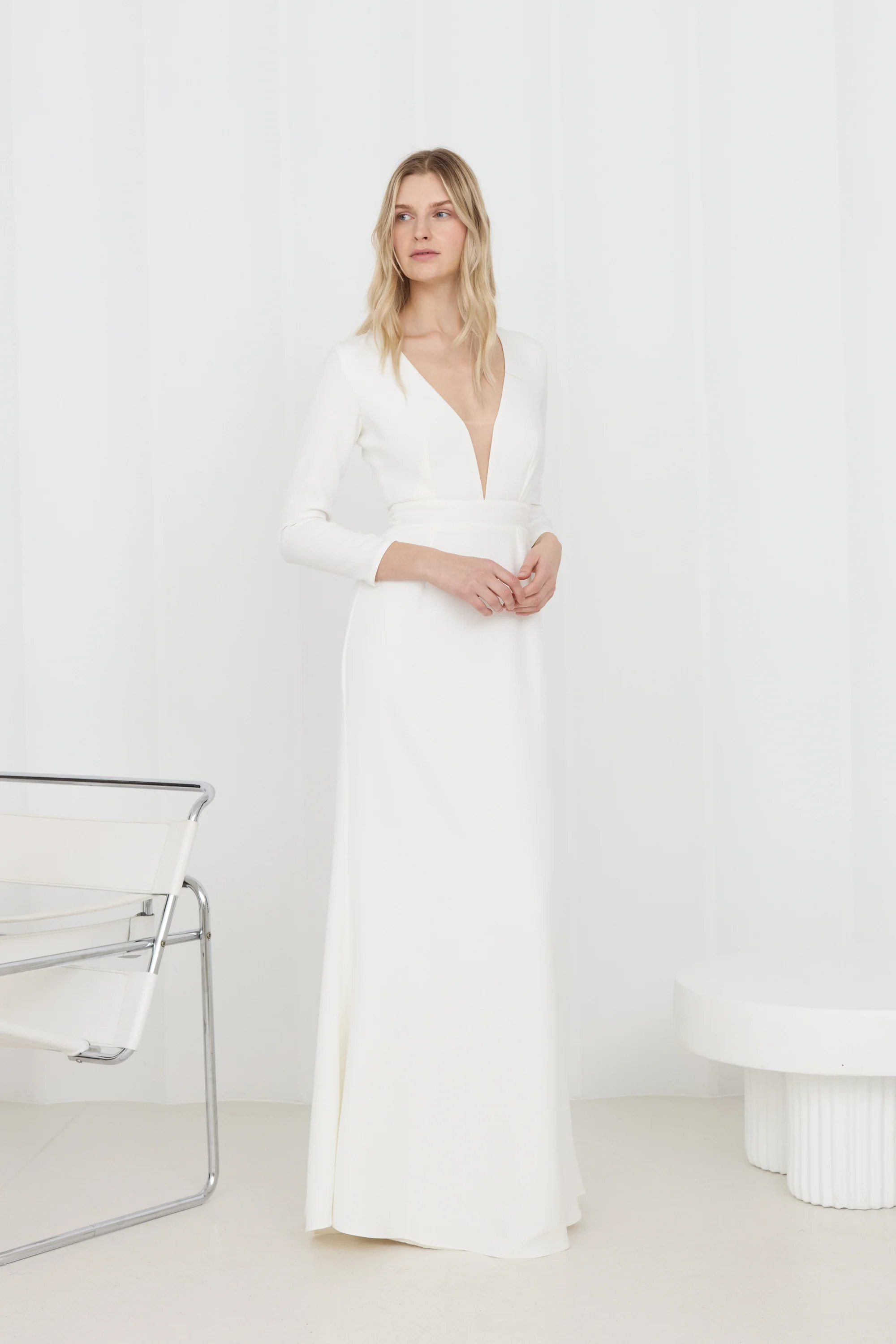 MIRANDA White Maxi Wedding Gown with Long Sleeves and a Deep Neckline - Image 2