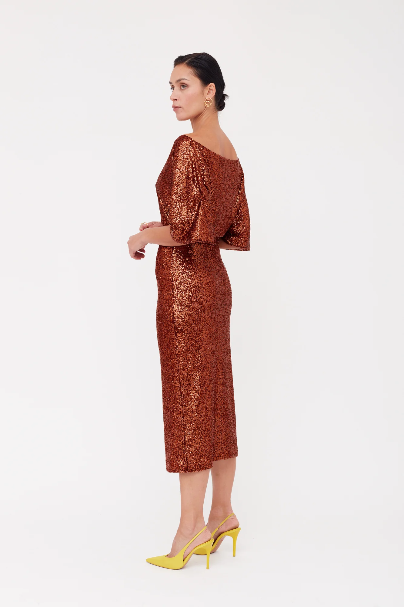 MIRTA Bronze Sequin Cocktail Midi Dress With Widening Sleeves - Image 3