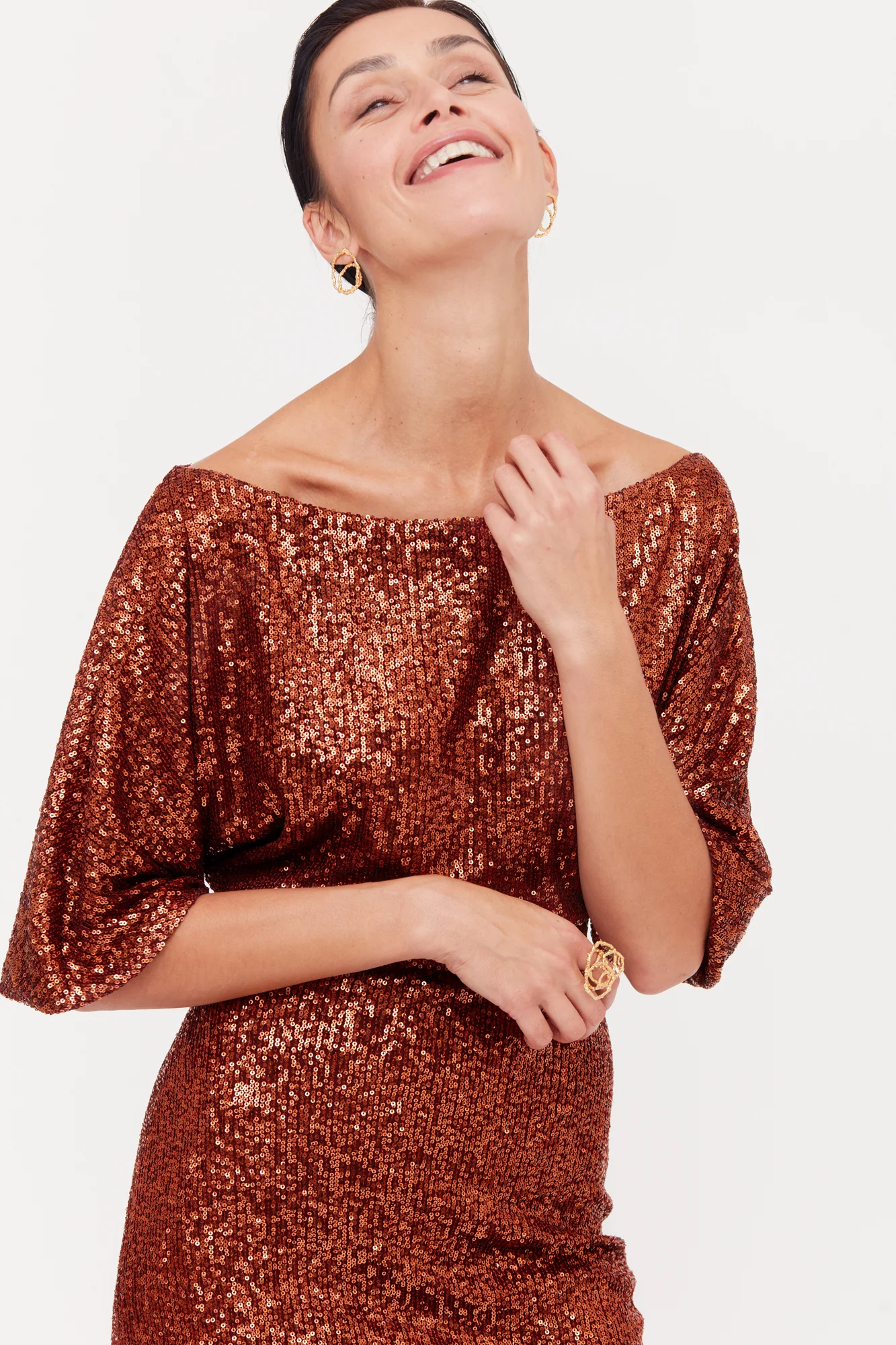 MIRTA Bronze Sequin Cocktail Midi Dress With Widening Sleeves - Image 4