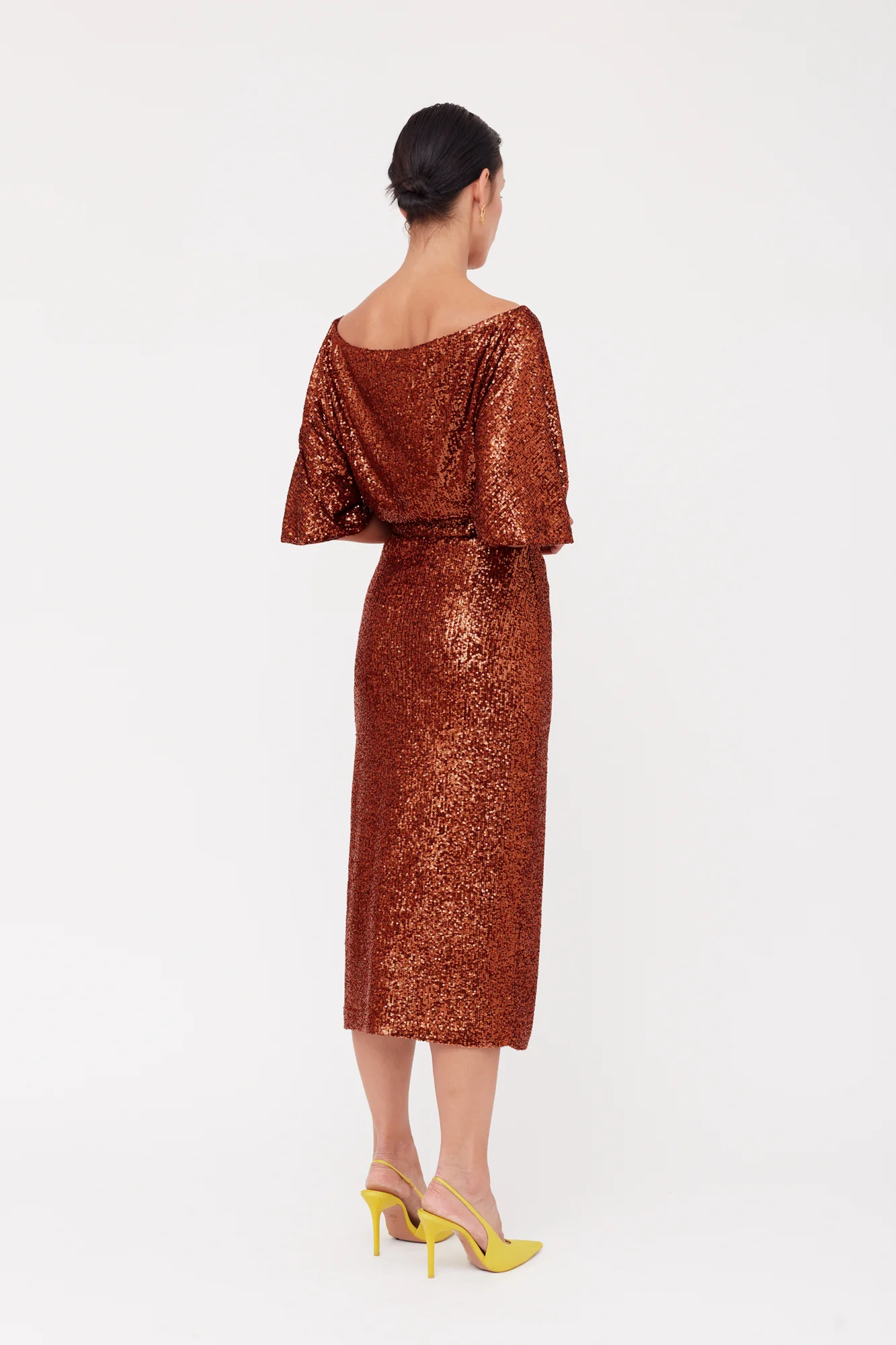 MIRTA Bronze Sequin Cocktail Midi Dress With Widening Sleeves - Image 5