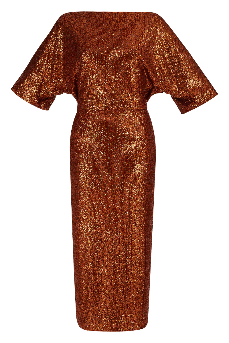 MIRTA Bronze Sequin Cocktail Midi Dress With Widening Sleeves - Image 6