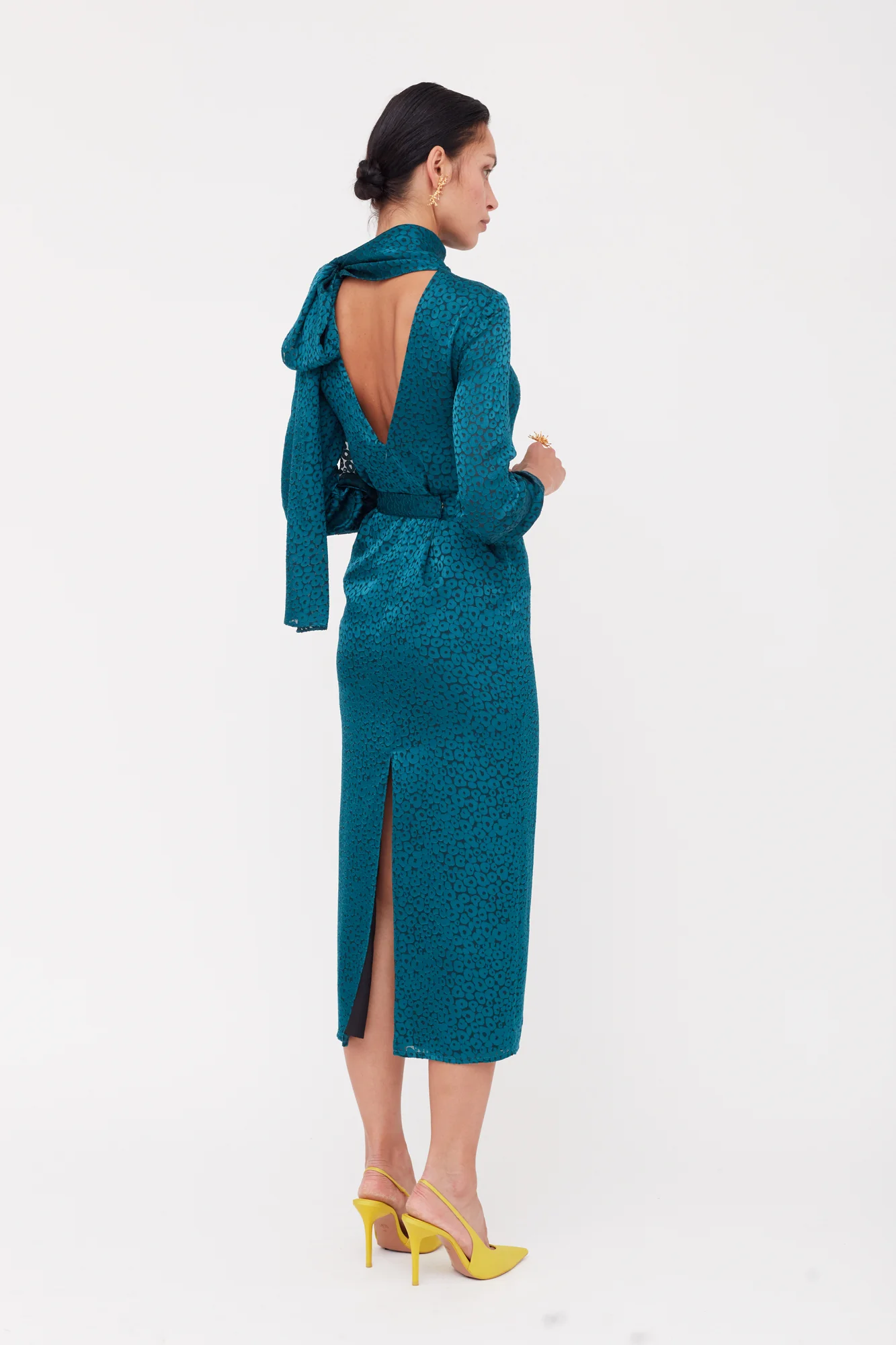 MONE Teal Blue Jacquard Fabric Midi Dress With Ribbon on Shoulder - Image 3