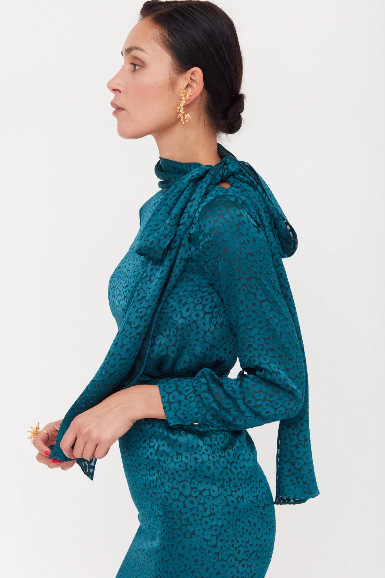MONE Teal Blue Jacquard Fabric Midi Dress With Ribbon on Shoulder - Image 4