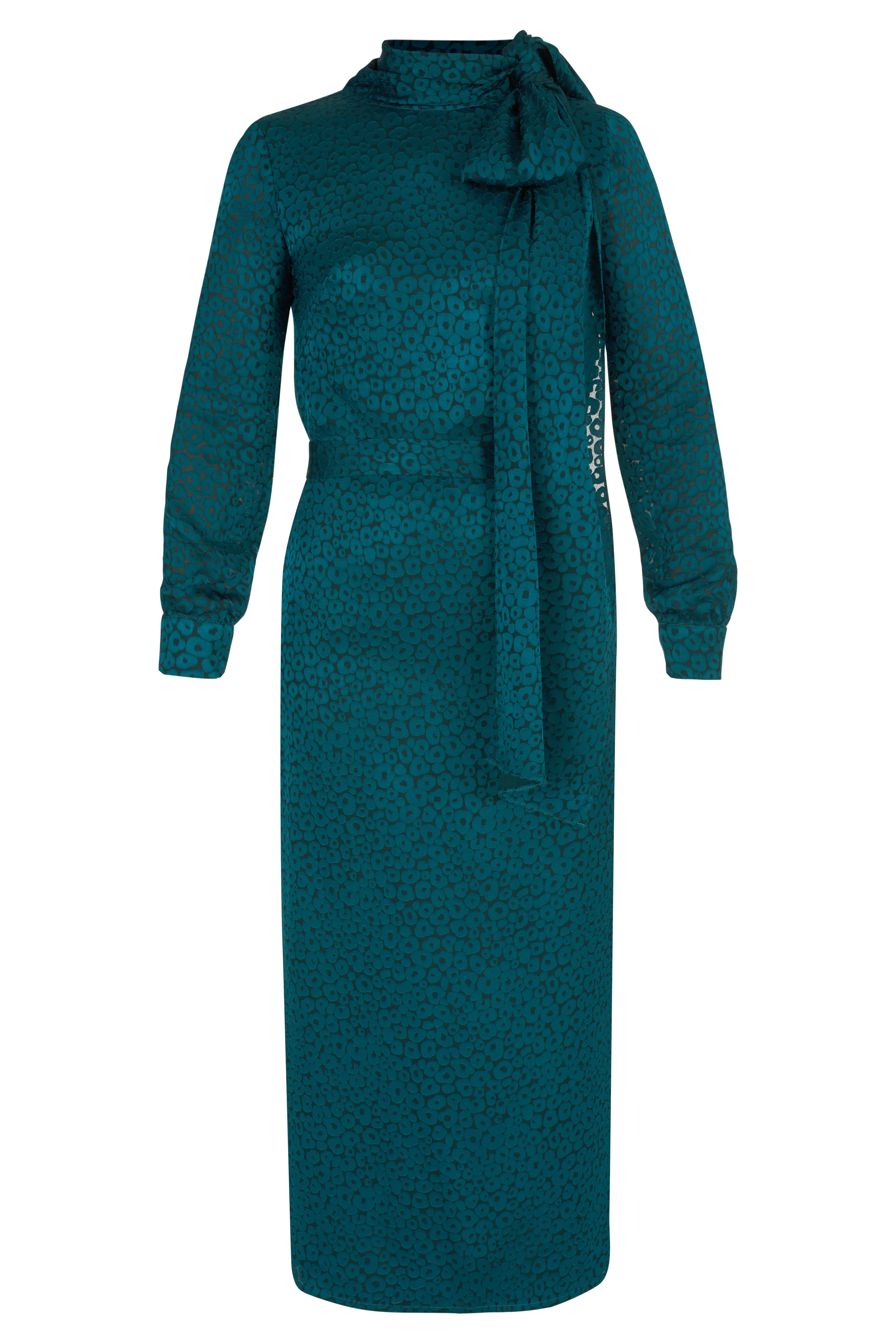 MONE Teal Blue Jacquard Fabric Midi Dress With Ribbon on Shoulder - Image 5