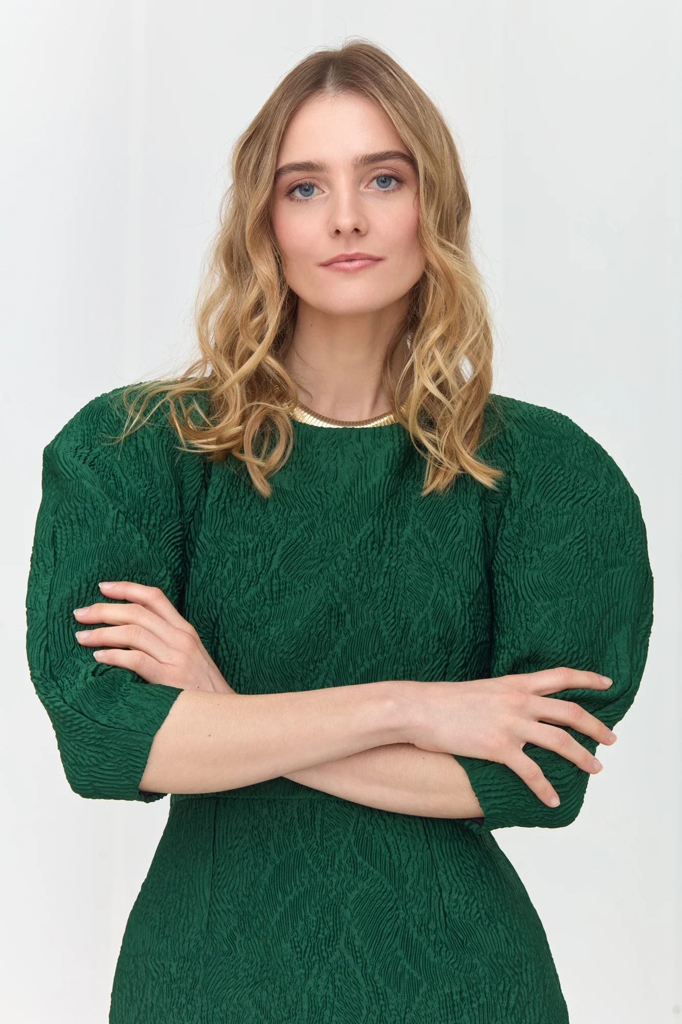 NOLA Deep Emerald Green Jacquard Midi Dress with Puffed Sleeves - Image 2
