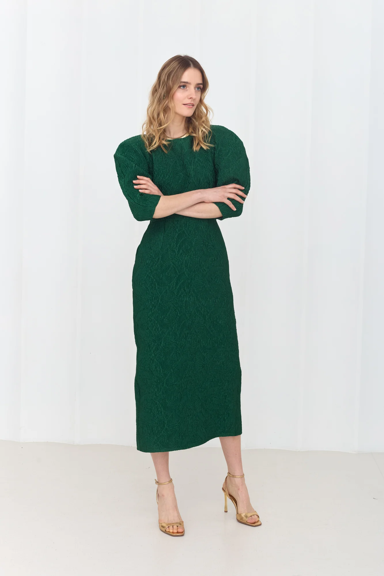 NOLA Deep Emerald Green Jacquard Midi Dress with Puffed Sleeves - Image 3