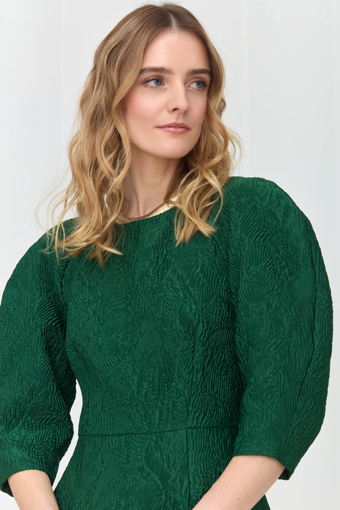 NOLA Deep Emerald Green Jacquard Midi Dress with Puffed Sleeves - Image 4