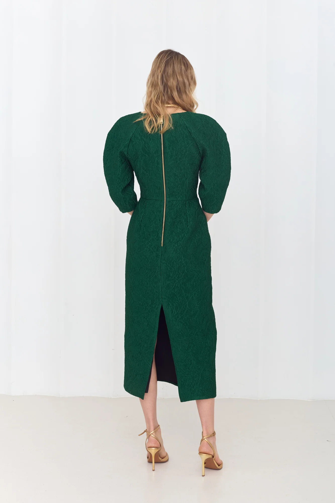 NOLA Deep Emerald Green Jacquard Midi Dress with Puffed Sleeves - Image 5