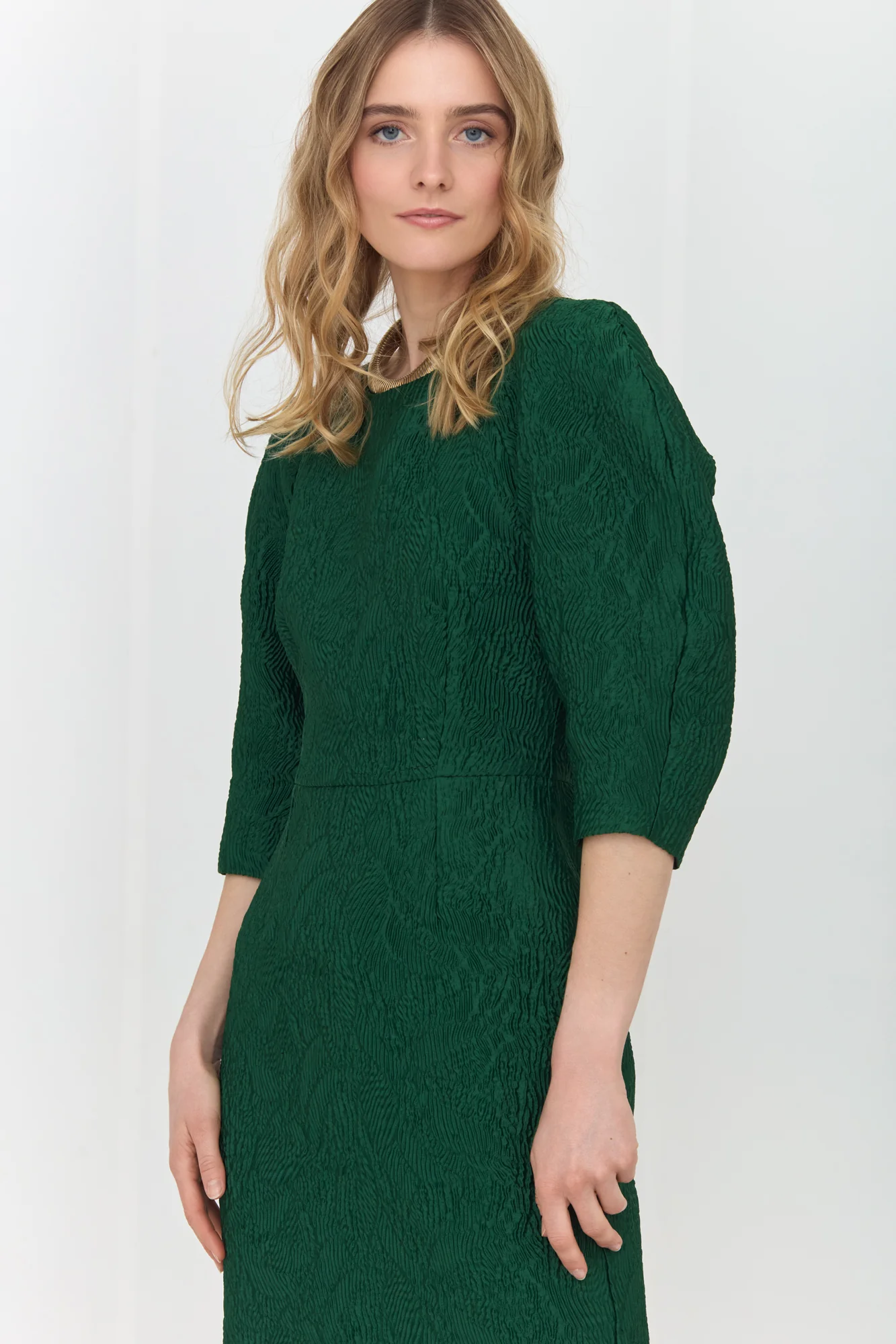 NOLA Deep Emerald Green Jacquard Midi Dress with Puffed Sleeves - Image 6