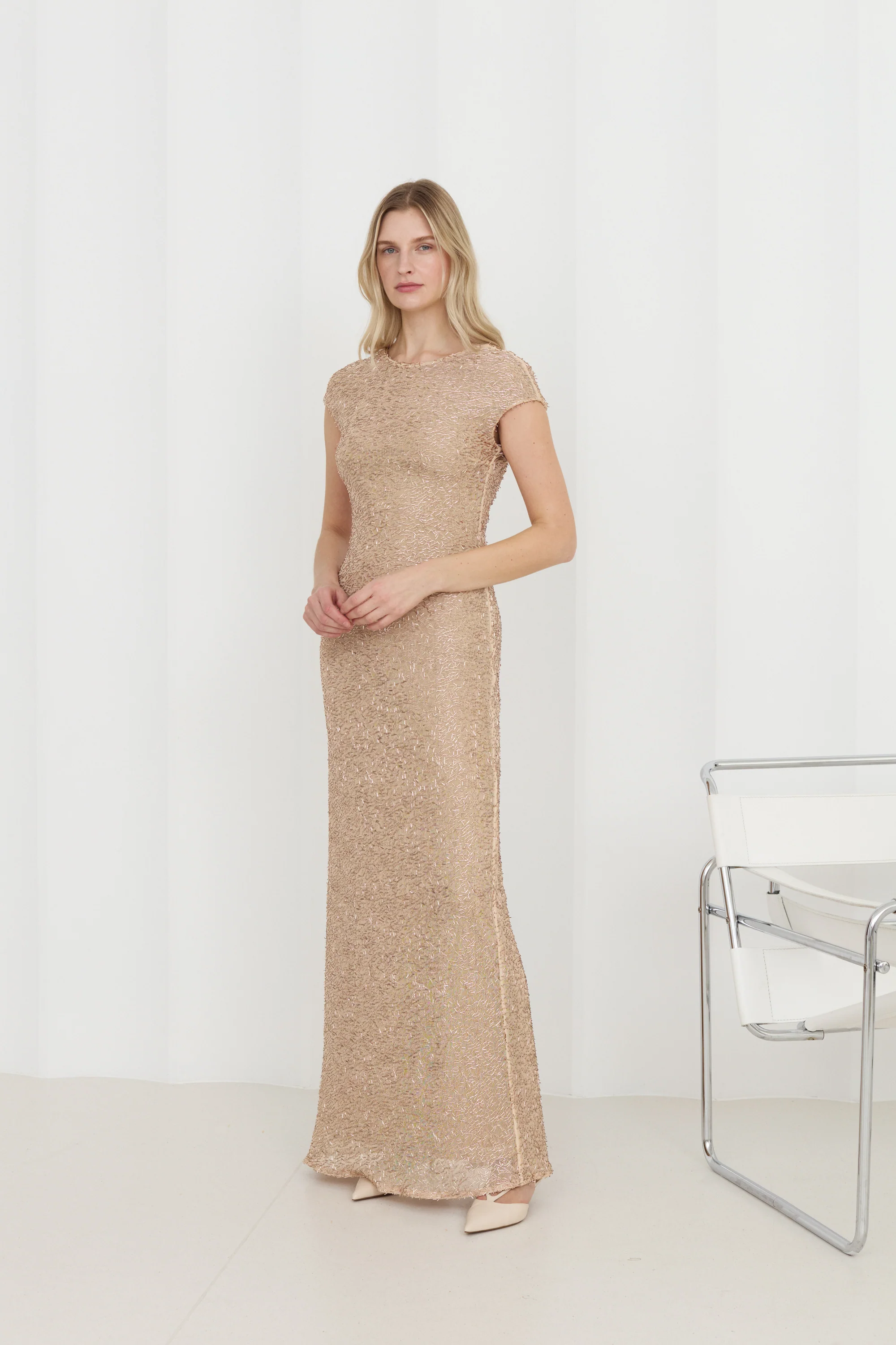 NORA Beaded Nude-Toned Evening Gown - Image 3