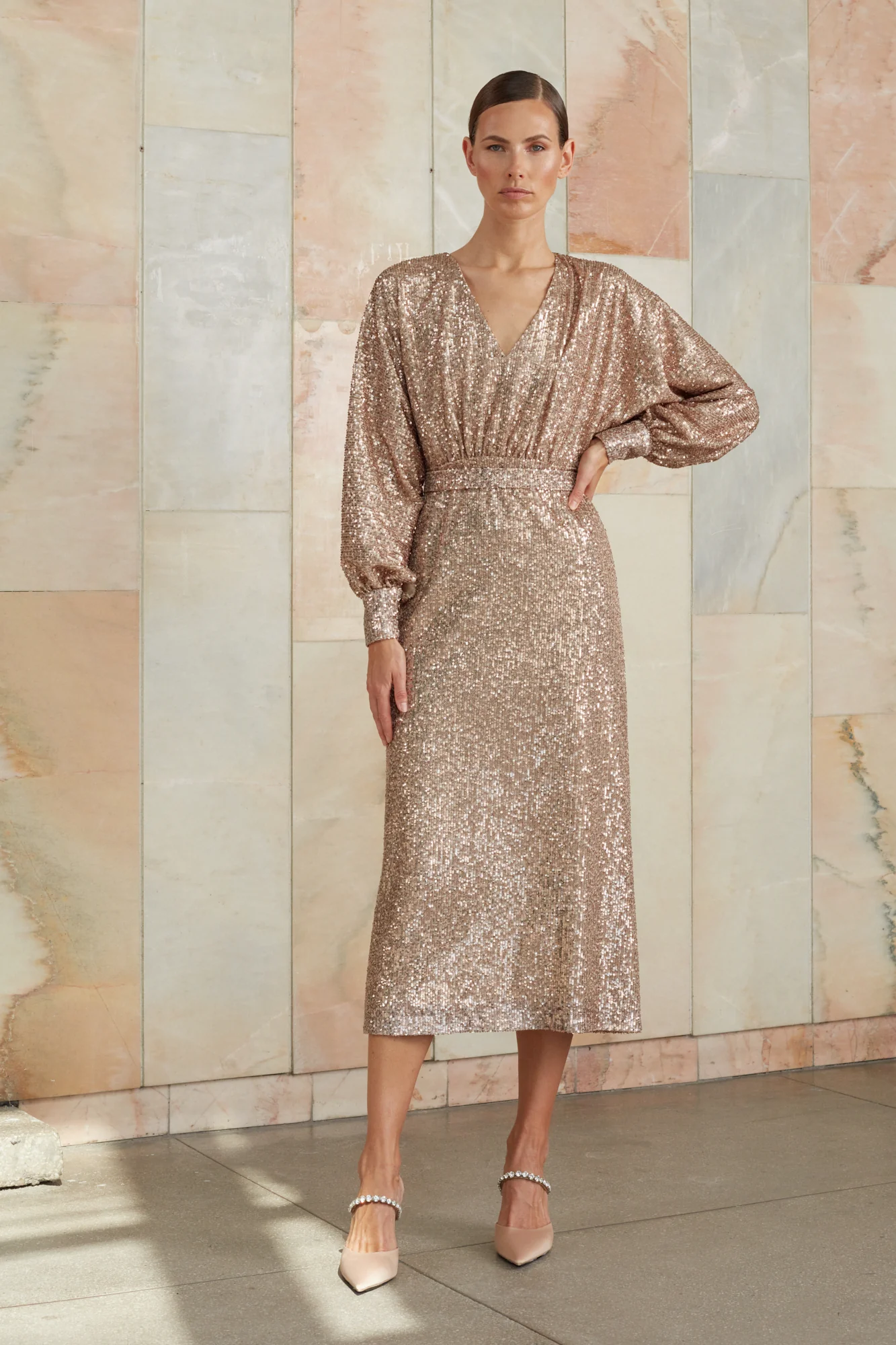 EVE nude sequin V neck dress - Image 5