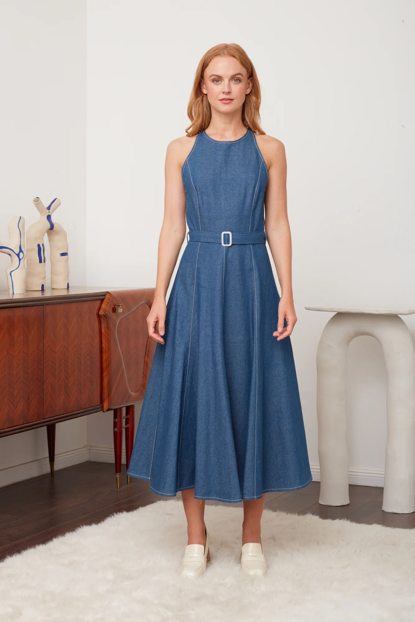 ODE classy blue denim godet midi dress - Image 4