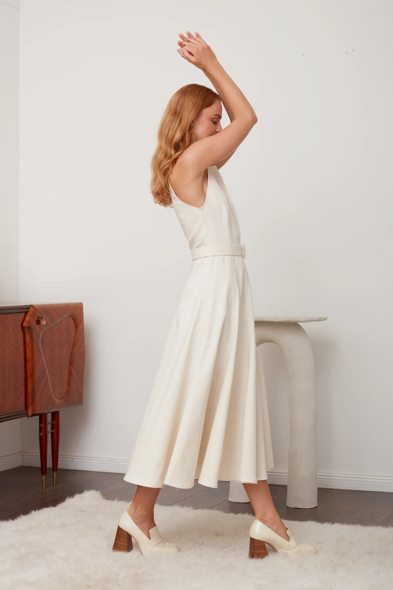 ODE off-white midi denim dress with godet skirt - Image 2