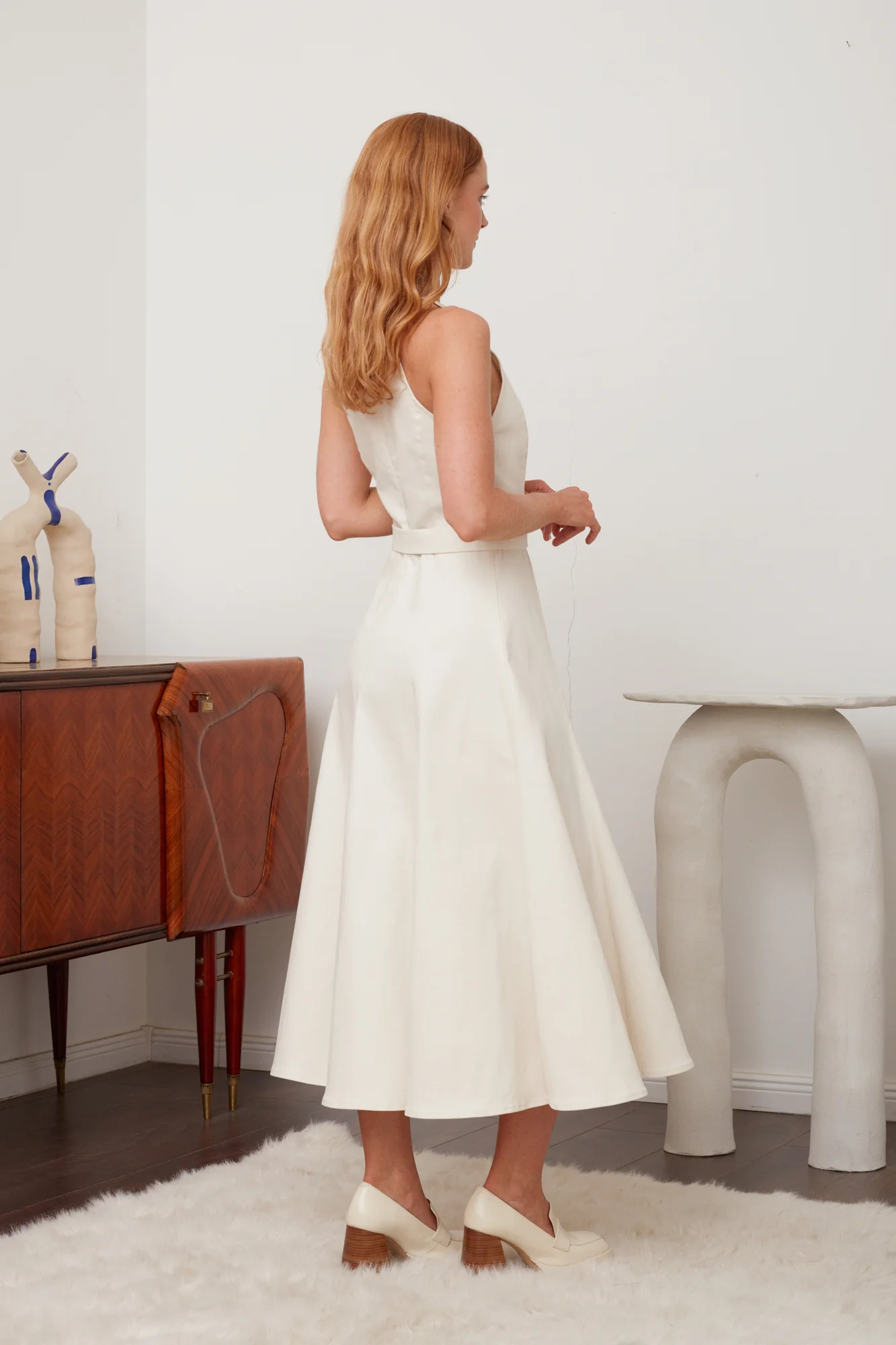ODE off-white midi denim dress with godet skirt - Image 6