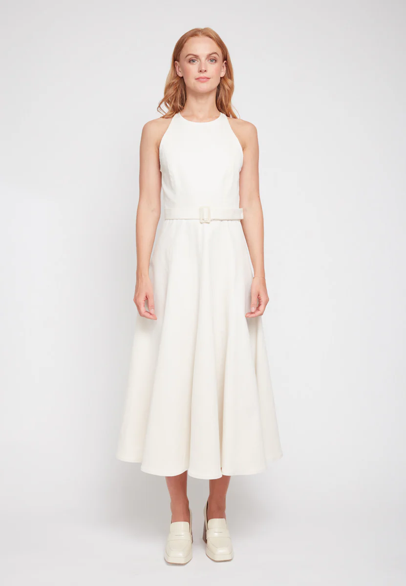 ODE off-white midi denim dress with godet skirt - Image 9