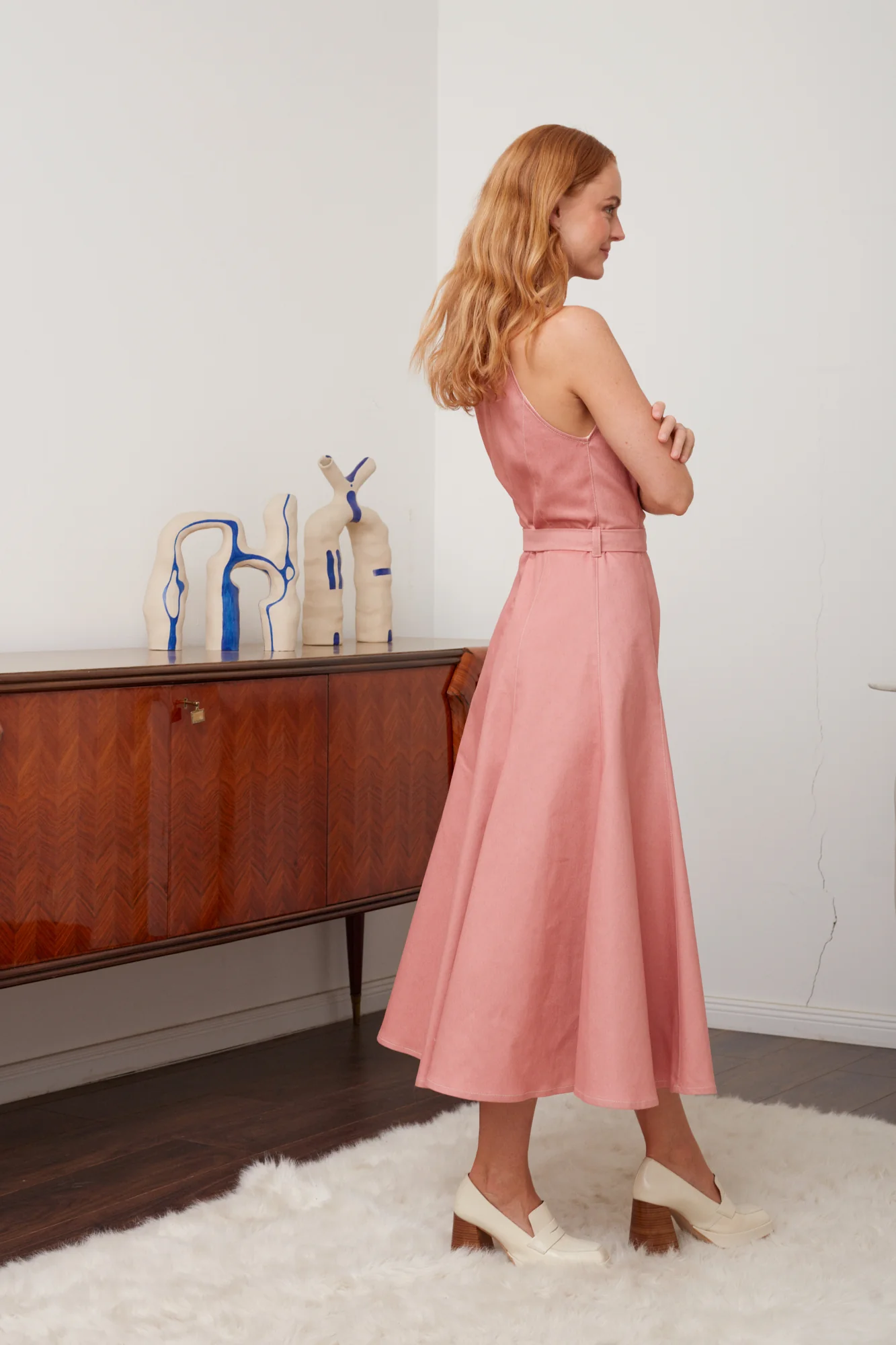 ODE pastel pink denim midi dress with godet skirt - Image 4
