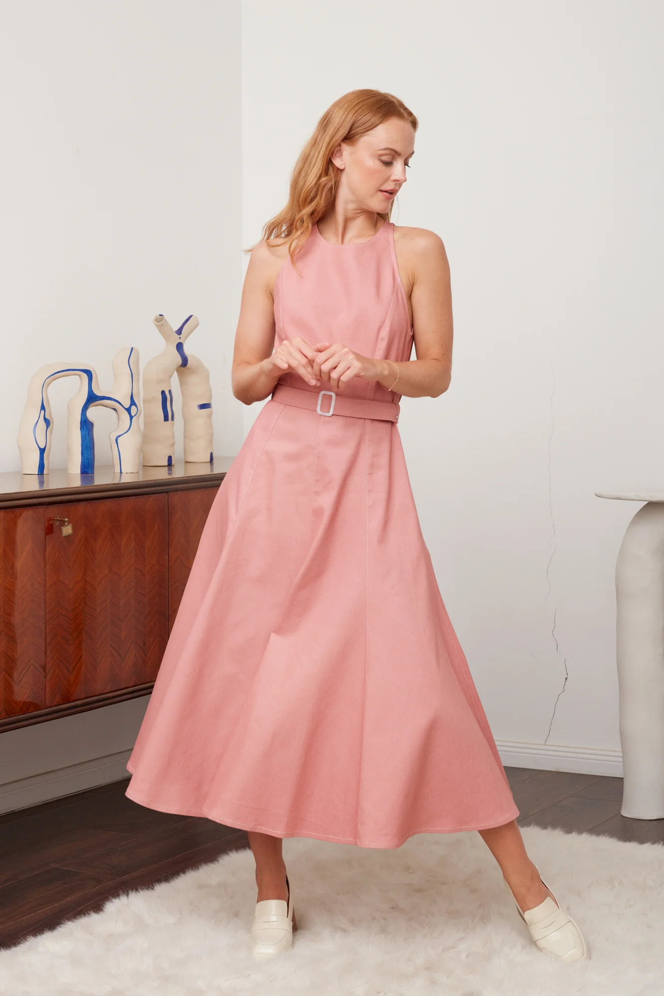 ODE pastel pink denim midi dress with godet skirt - Image 6