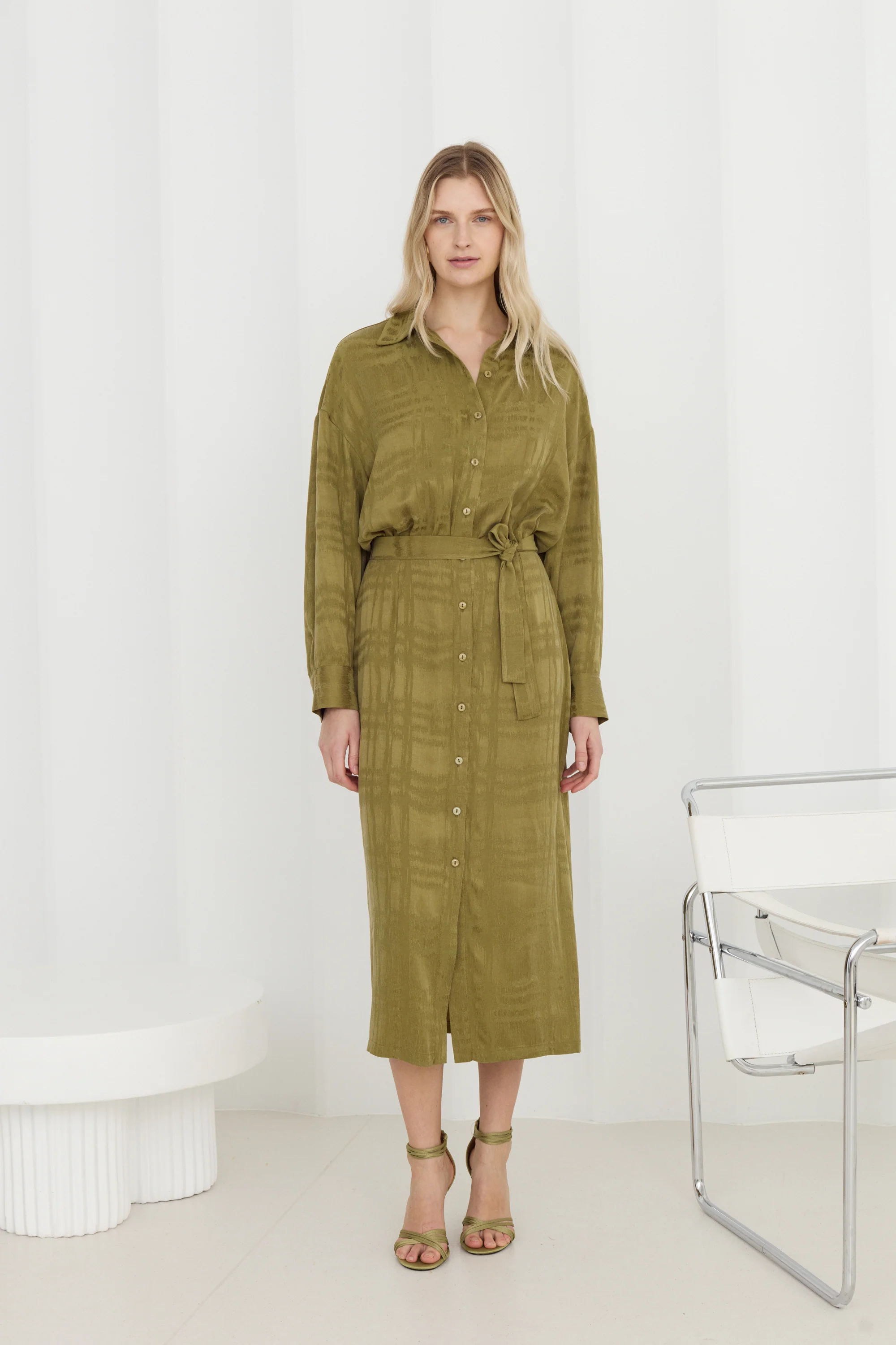 OLINE Olive Green Shirt-Style Midi Dress - Image 3