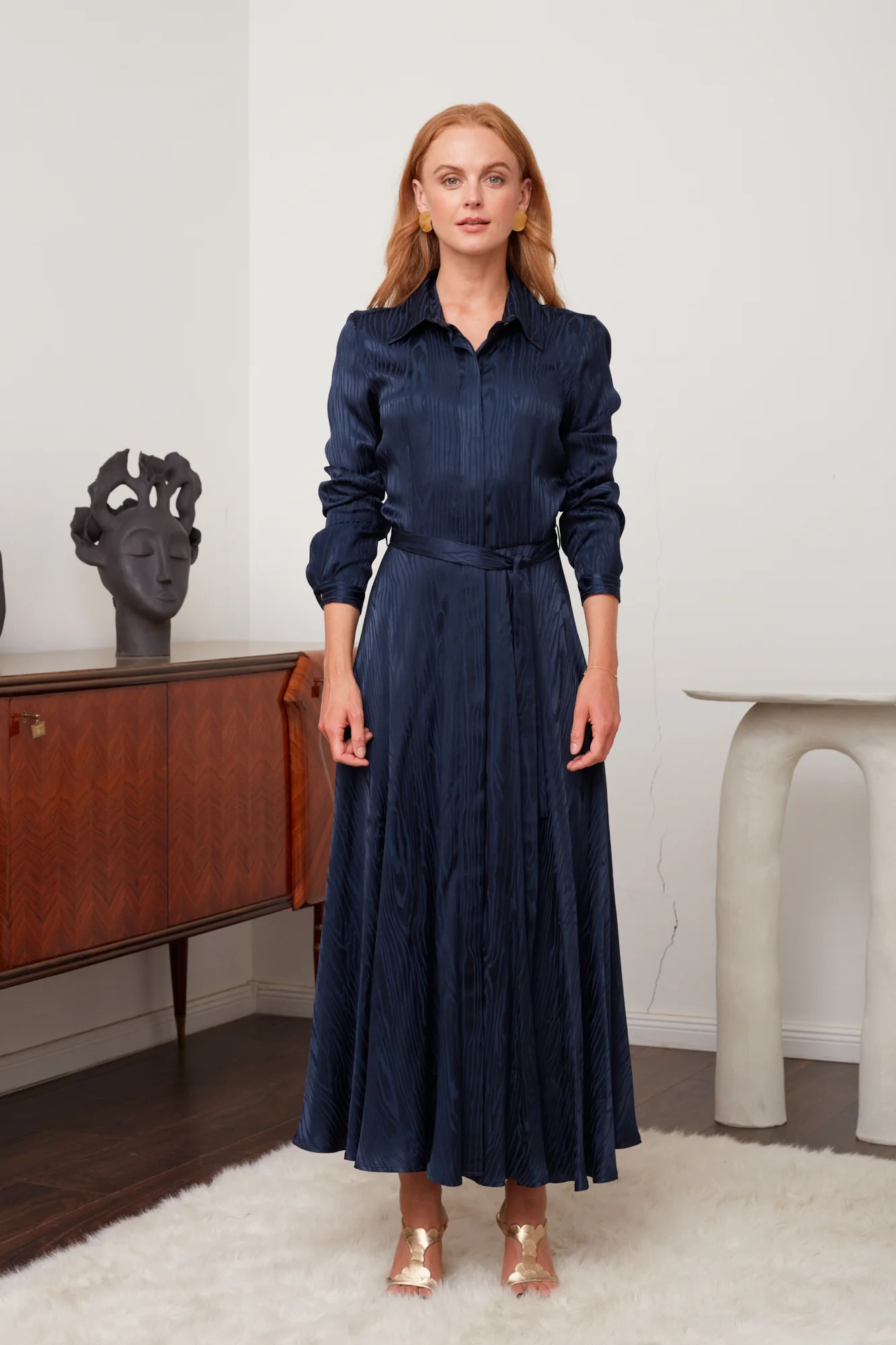 PAOLA blue jacquard viscose shirt dress with circle skirt - Image 4