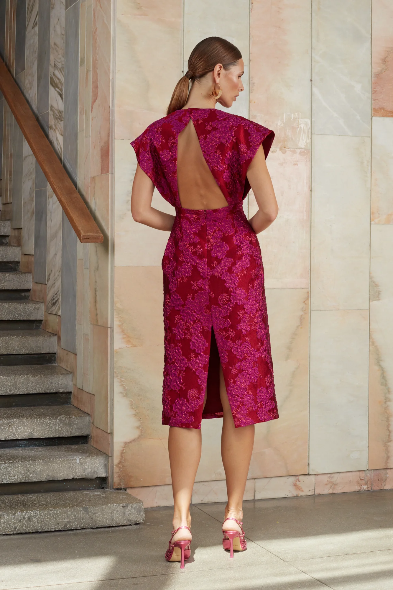ANN red pink jacquard midi dress - Image 3