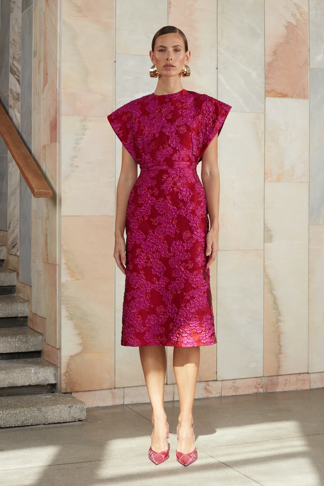 ANN red pink jacquard midi dress - Image 4
