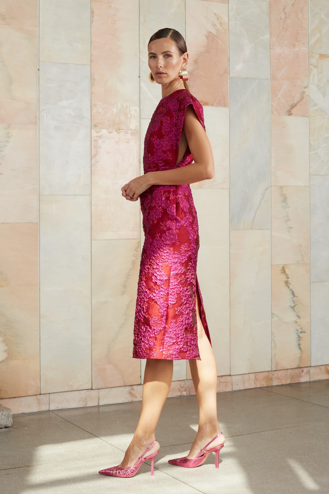 ANN red pink jacquard midi dress - Image 5