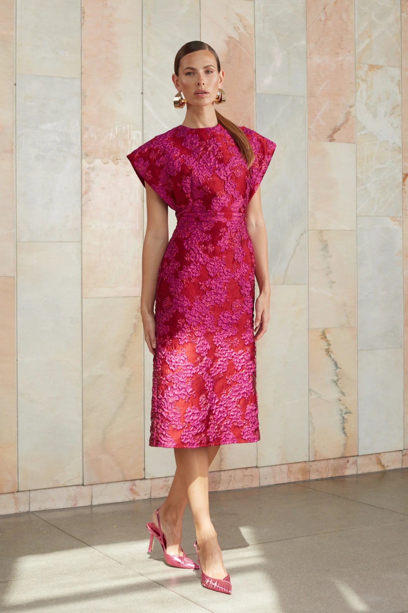 ANN red pink jacquard midi dress - Image 6