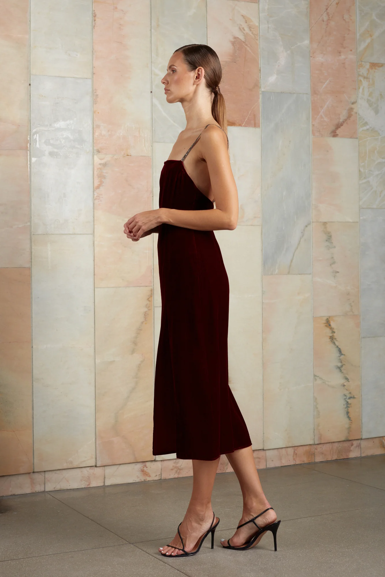 AMYA red silk velvet midi dress - Image 3