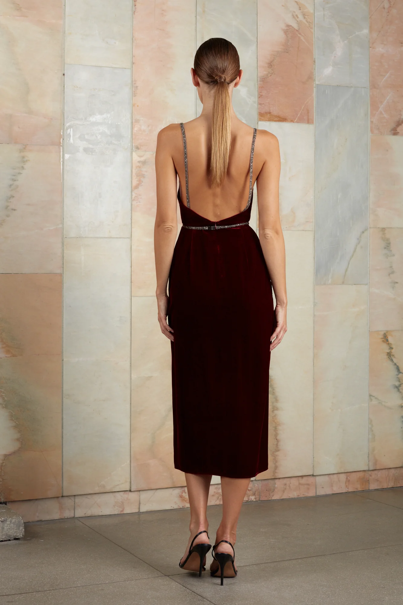 AMYA red silk velvet midi dress - Image 4