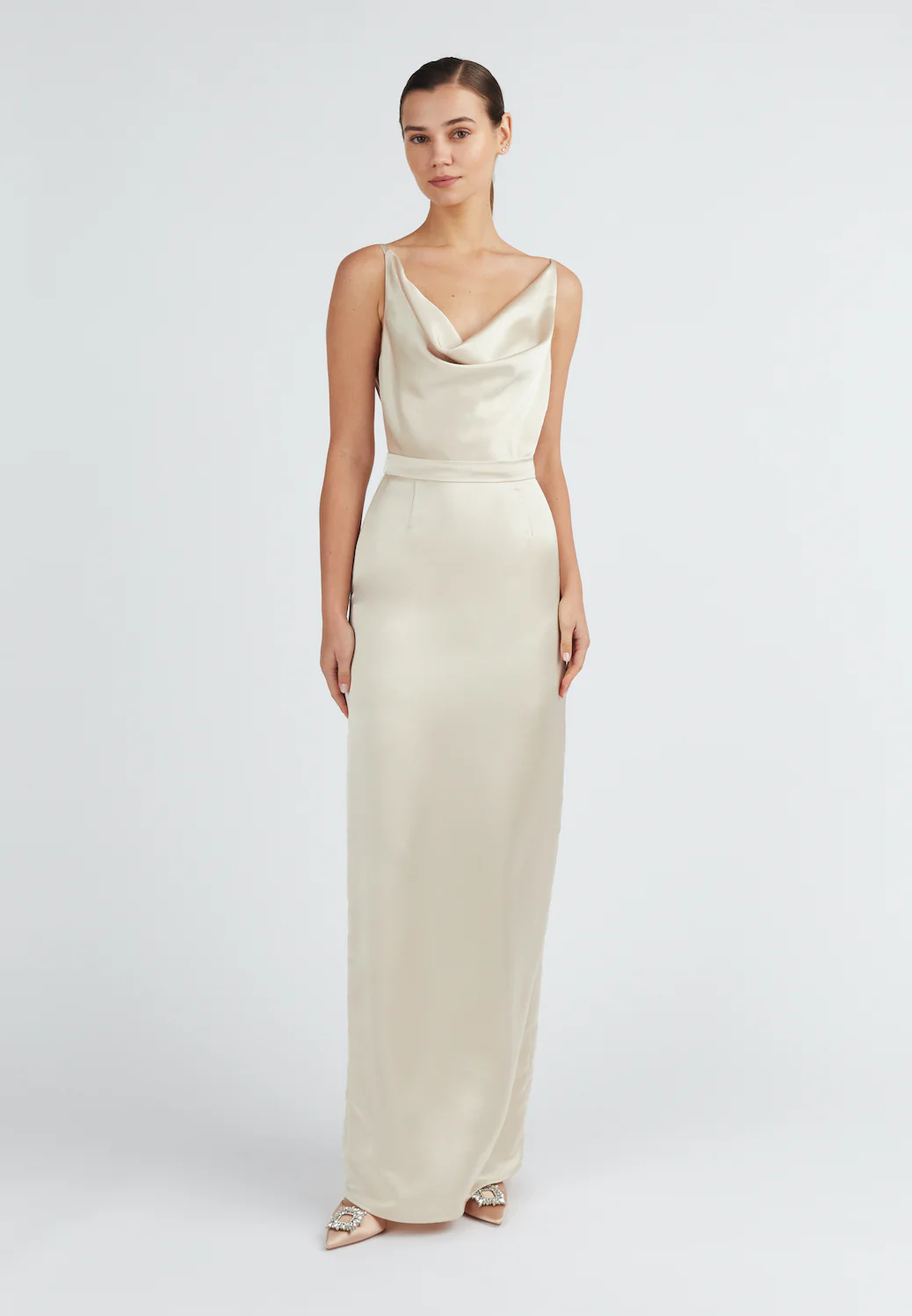 AMILA beige satin backless maxi dress - Image 5