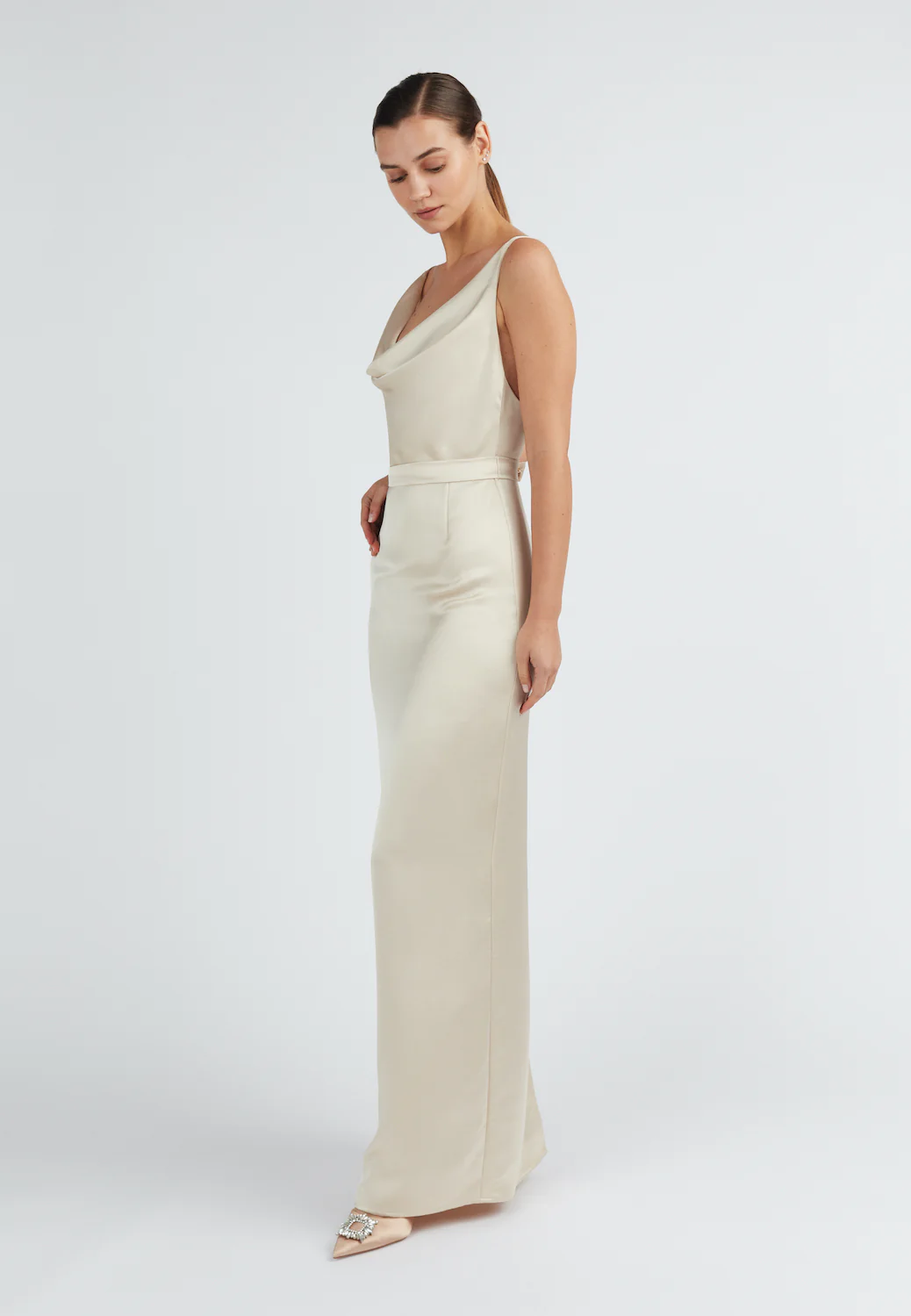 AMILA beige satin backless maxi dress - Image 6