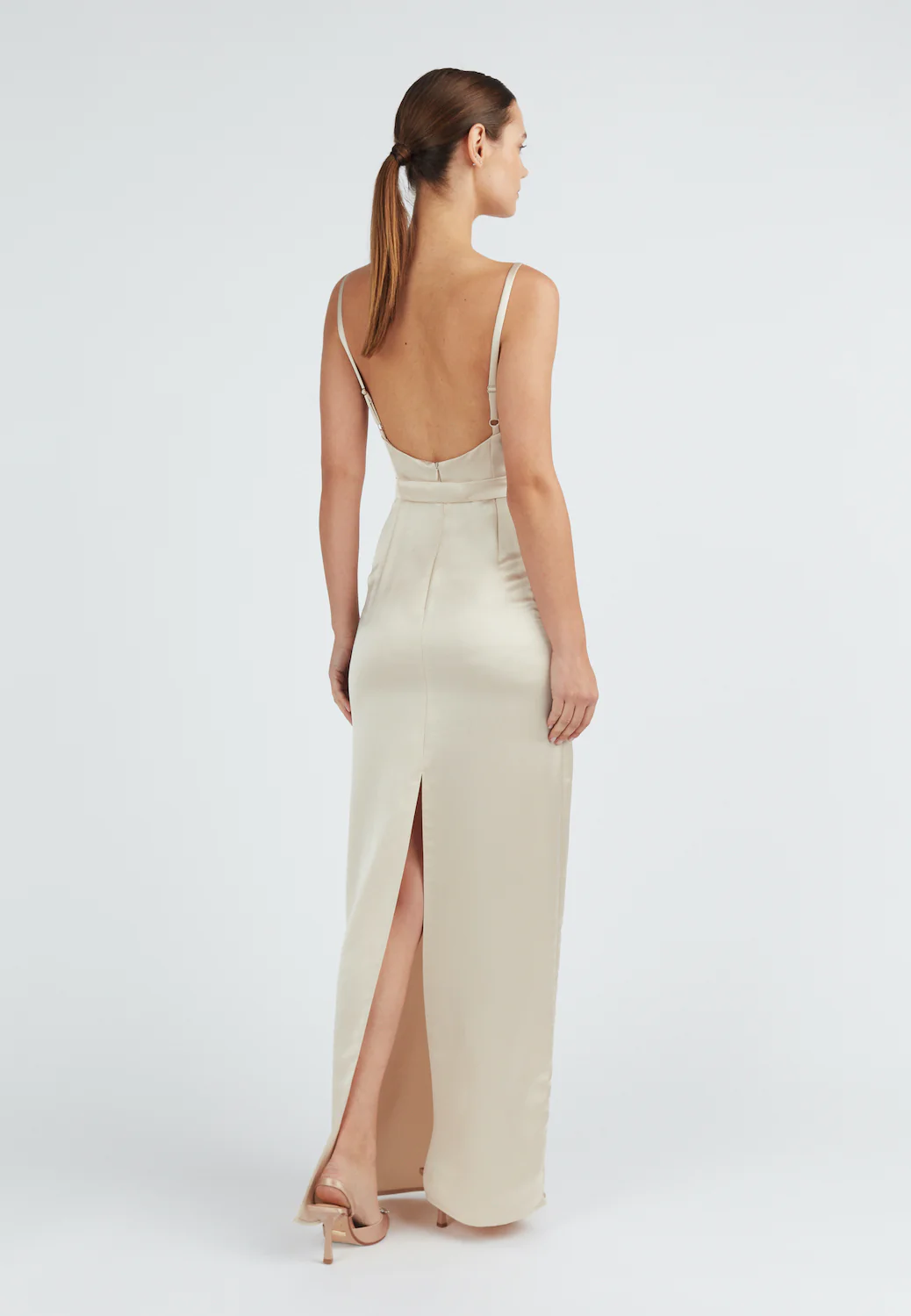 AMILA beige satin backless maxi dress - Image 7