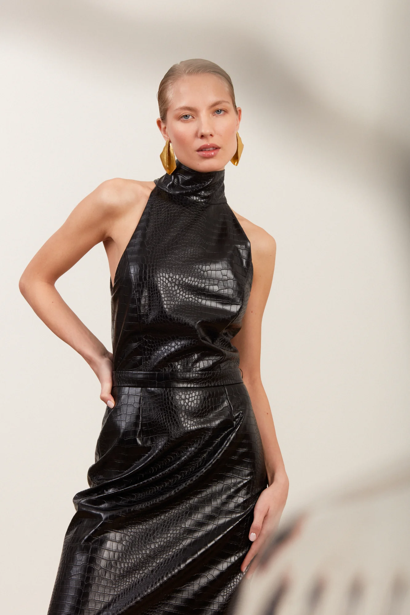 SENSA black textured vegan leather midi dress with turtleneck - Image 5