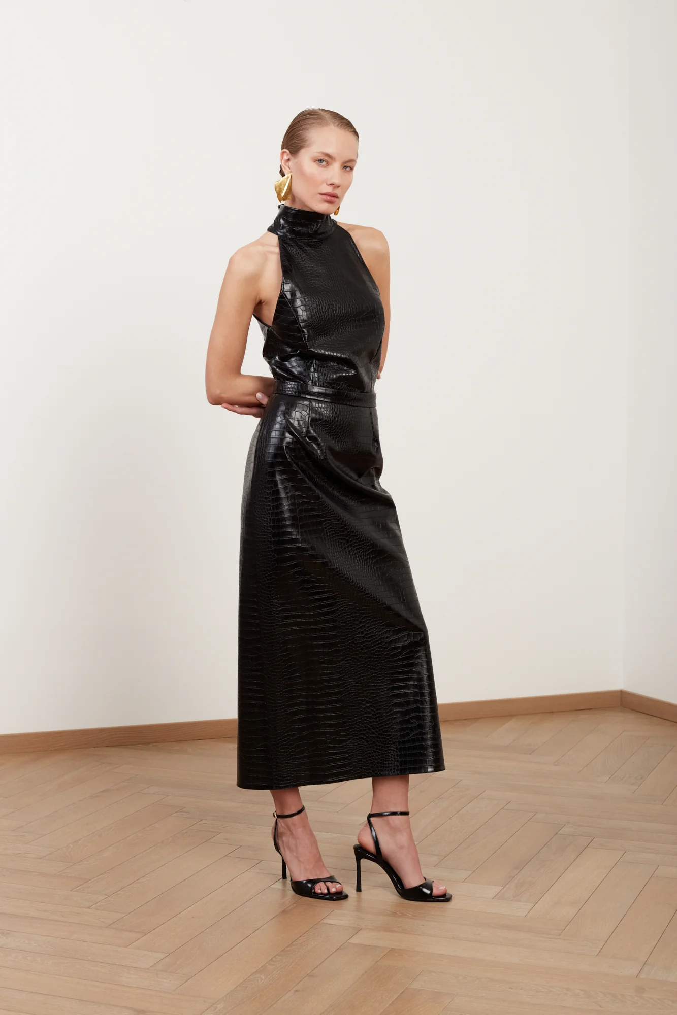 SENSA black textured vegan leather midi dress with turtleneck - Image 7