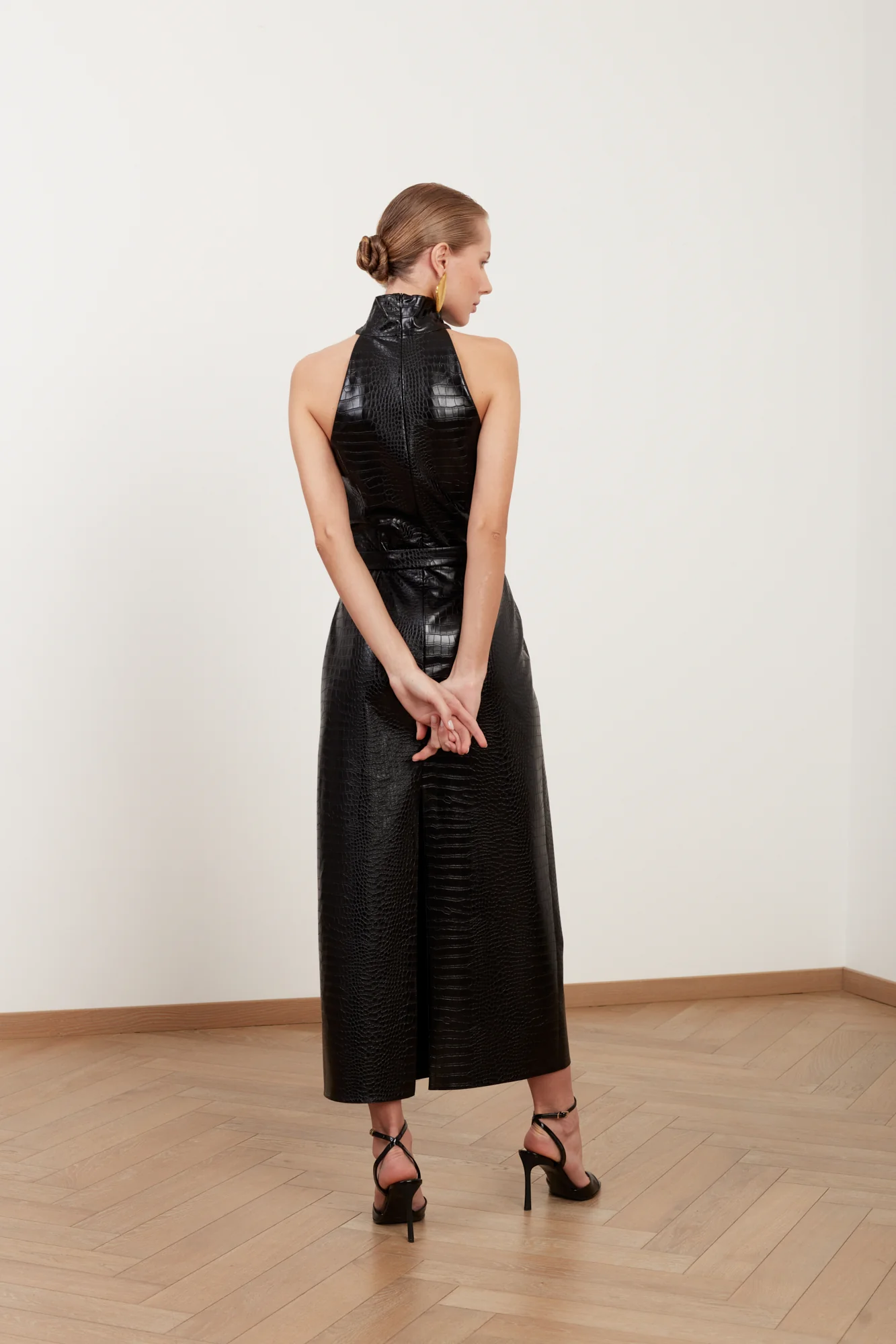 SENSA black textured vegan leather midi dress with turtleneck - Image 8