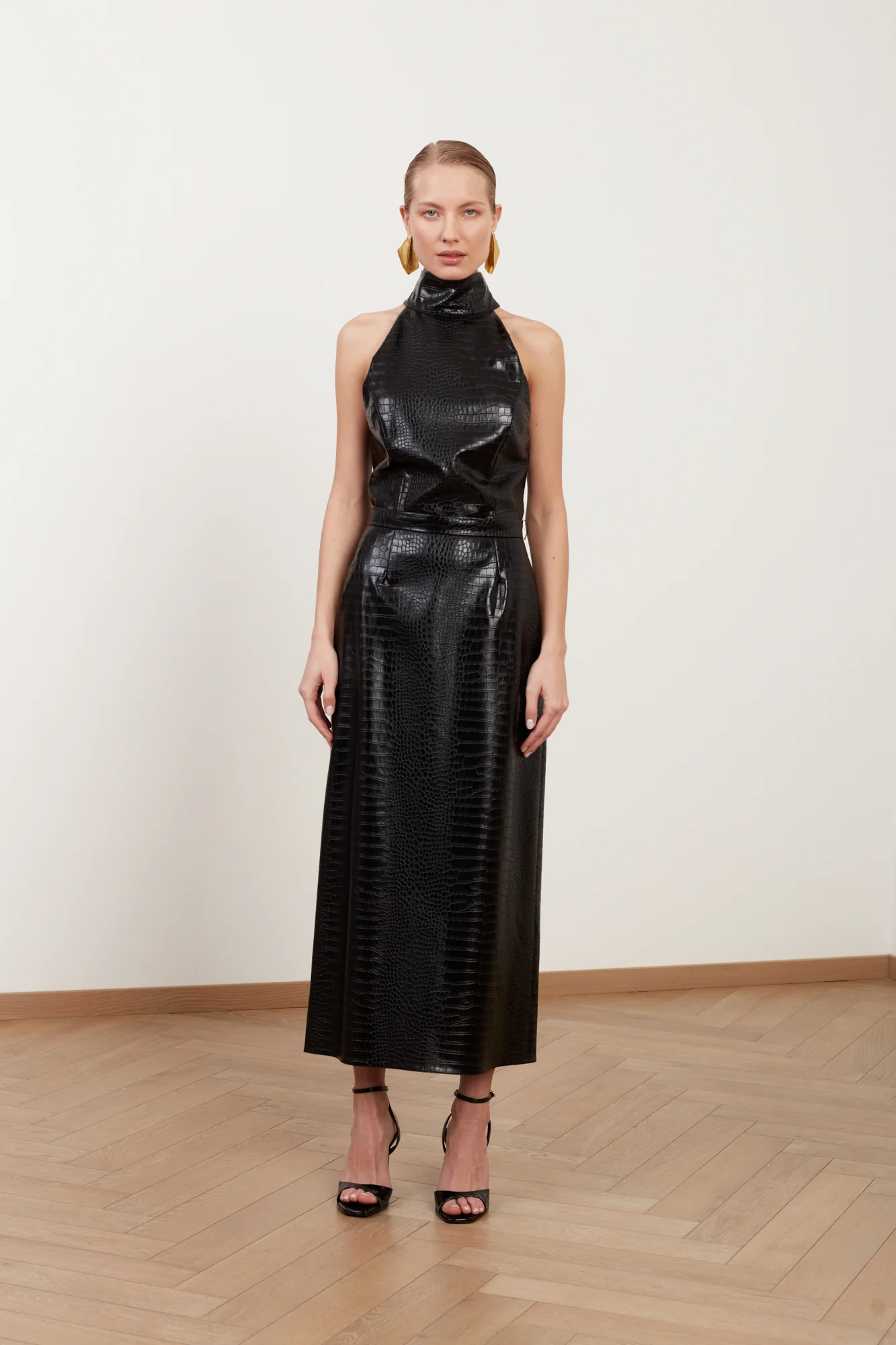 SENSA black textured vegan leather midi dress with turtleneck - Image 9