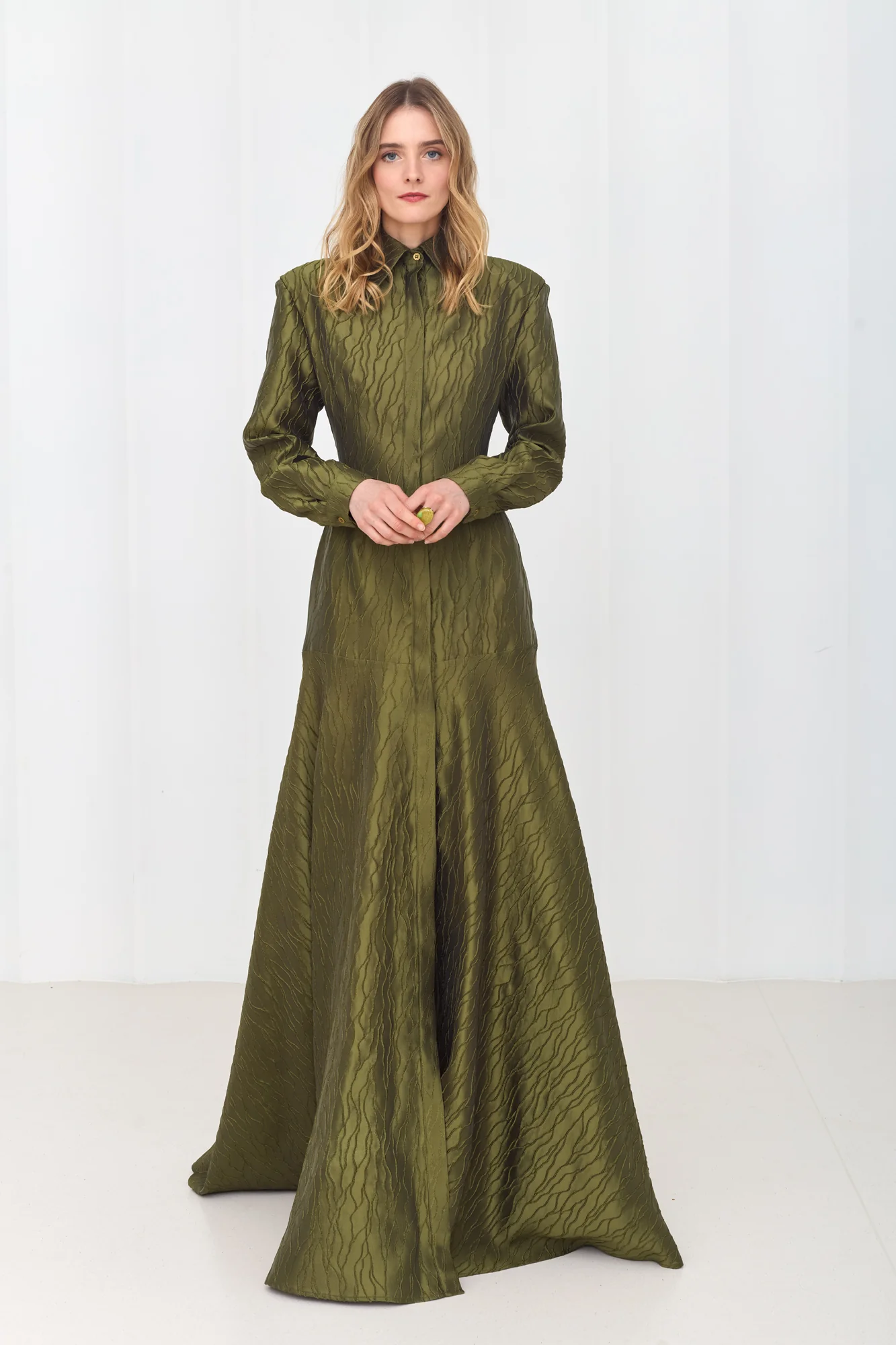 SERENA Elegant Olive Green Maxi Dress with Flared Skirt - Image 4