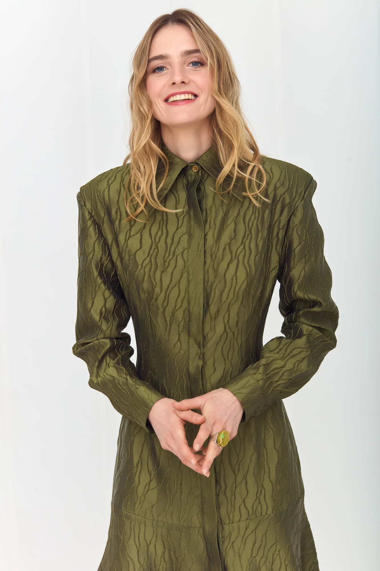 SERENA Elegant Olive Green Maxi Dress with Flared Skirt - Image 5
