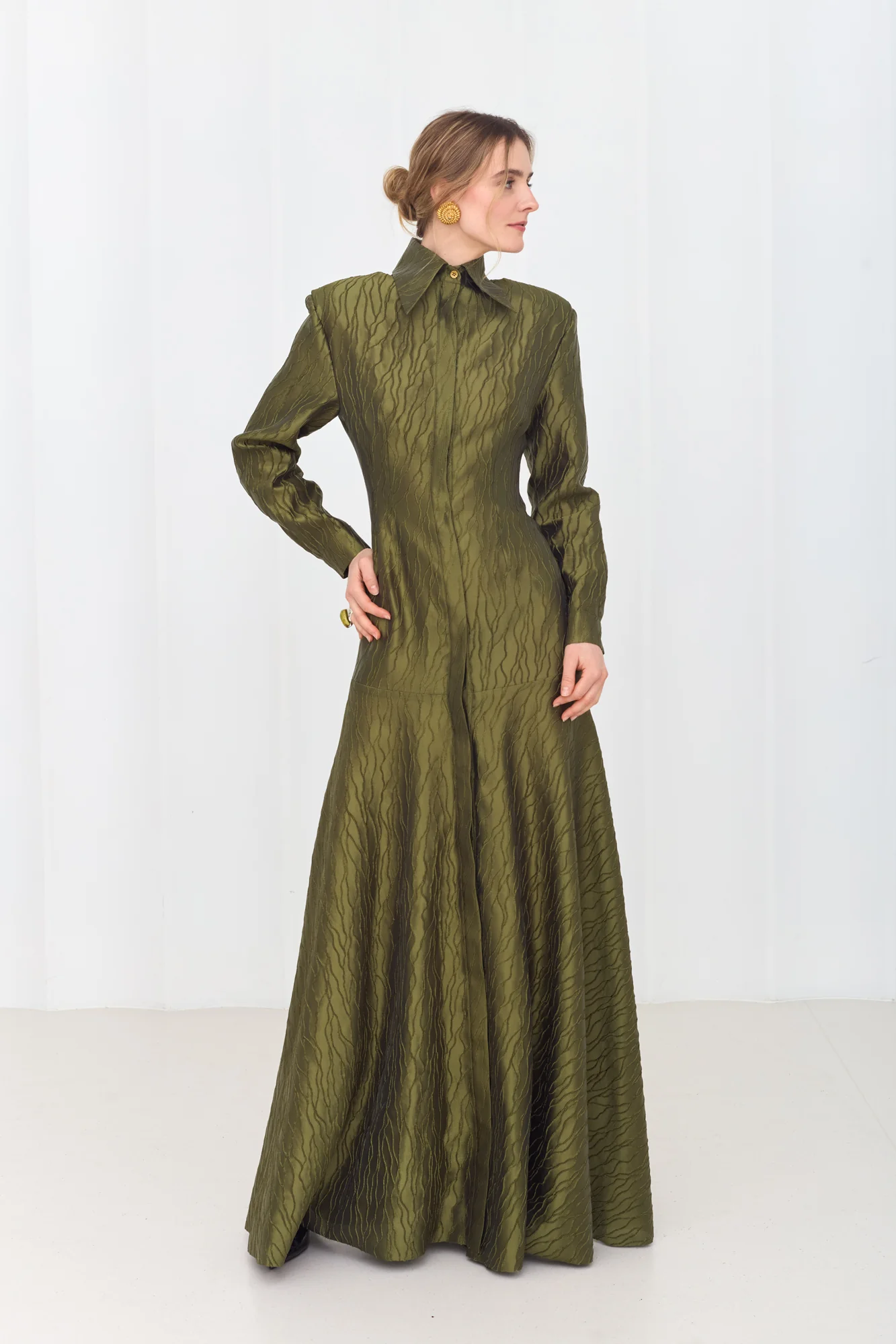 SERENA Elegant Olive Green Maxi Dress with Flared Skirt - Image 7