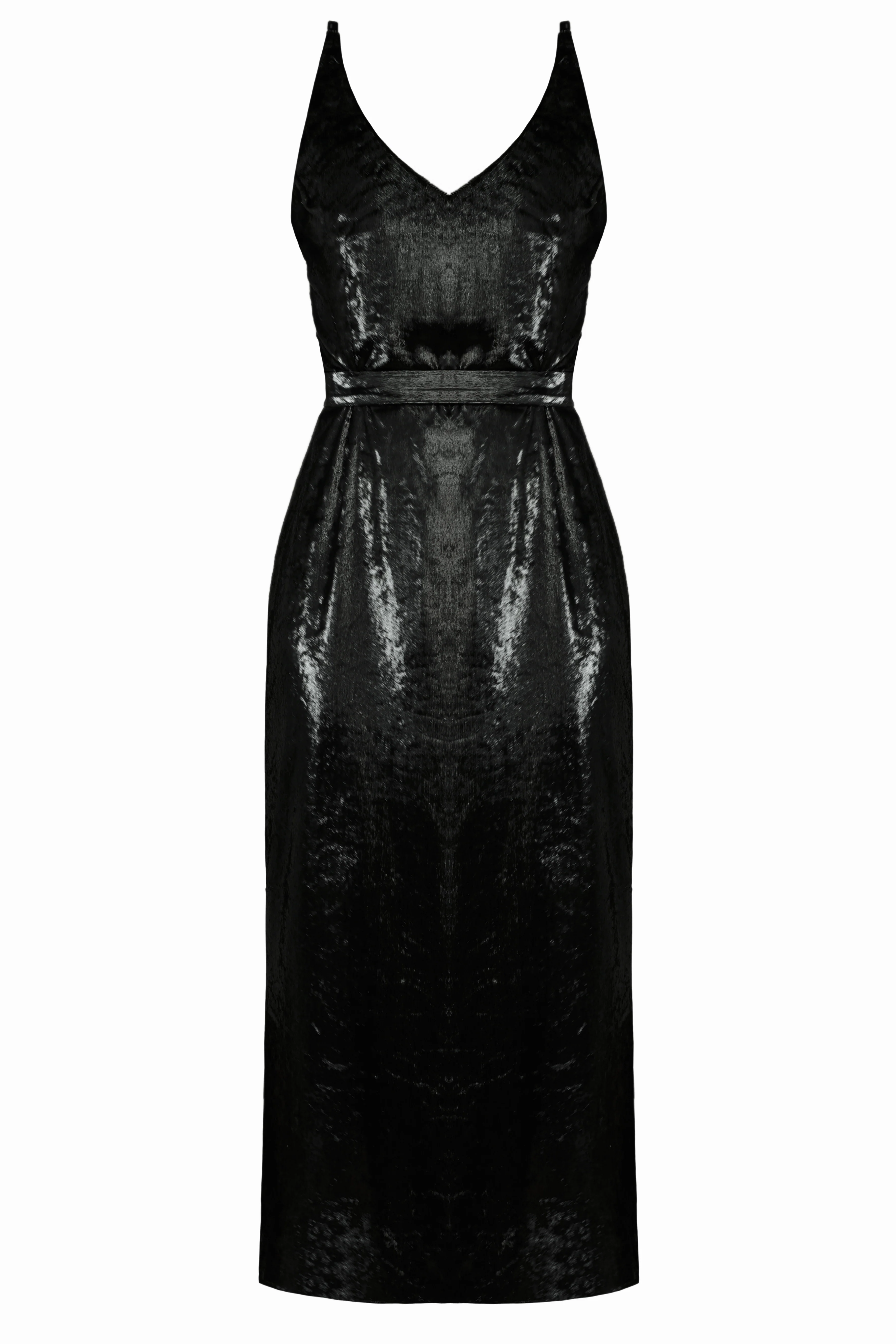 ISLA shiny black velvet midi dress - Image 4