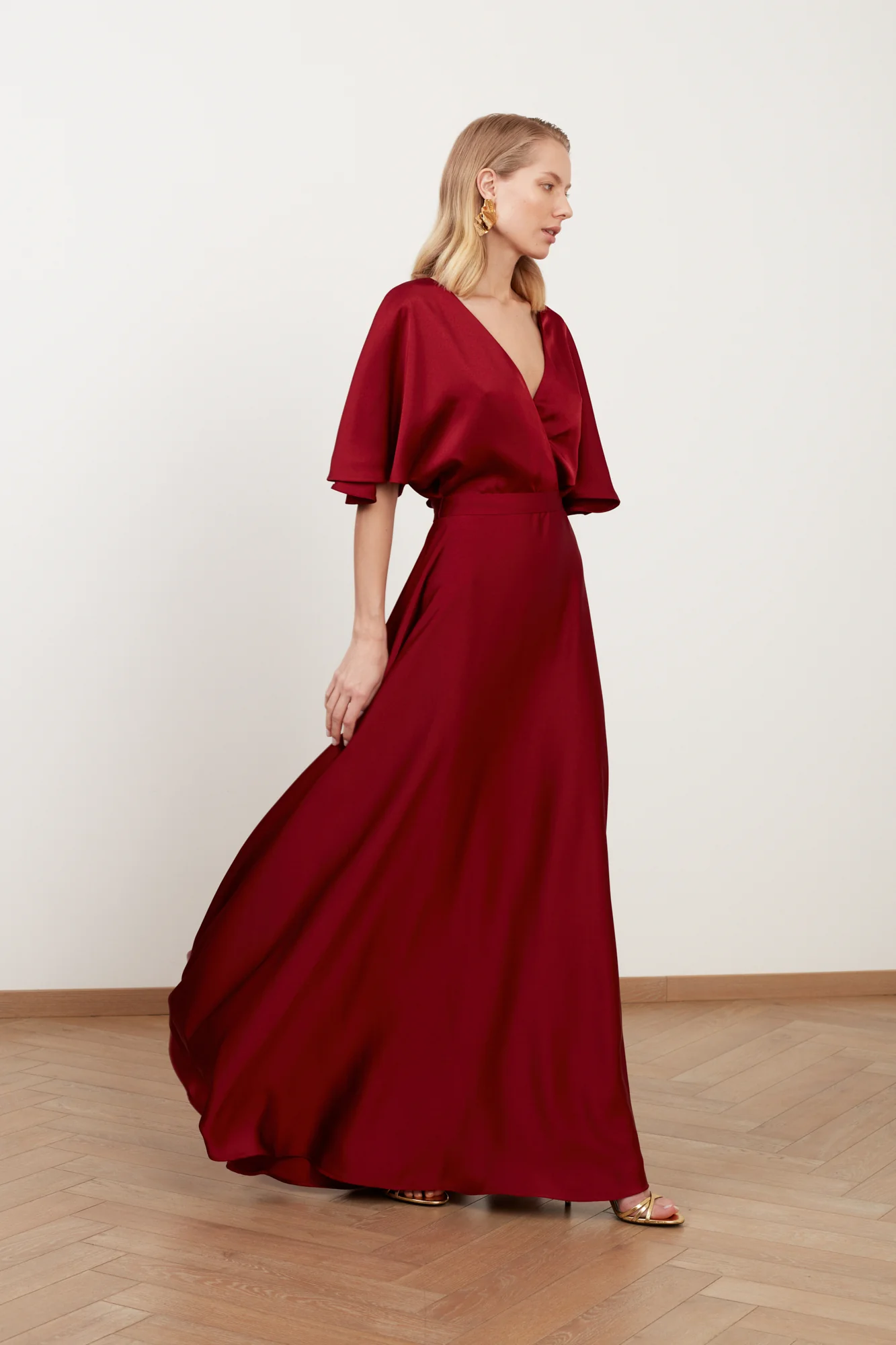 SOLENE burgundy red satin maxi evening dress - Image 2
